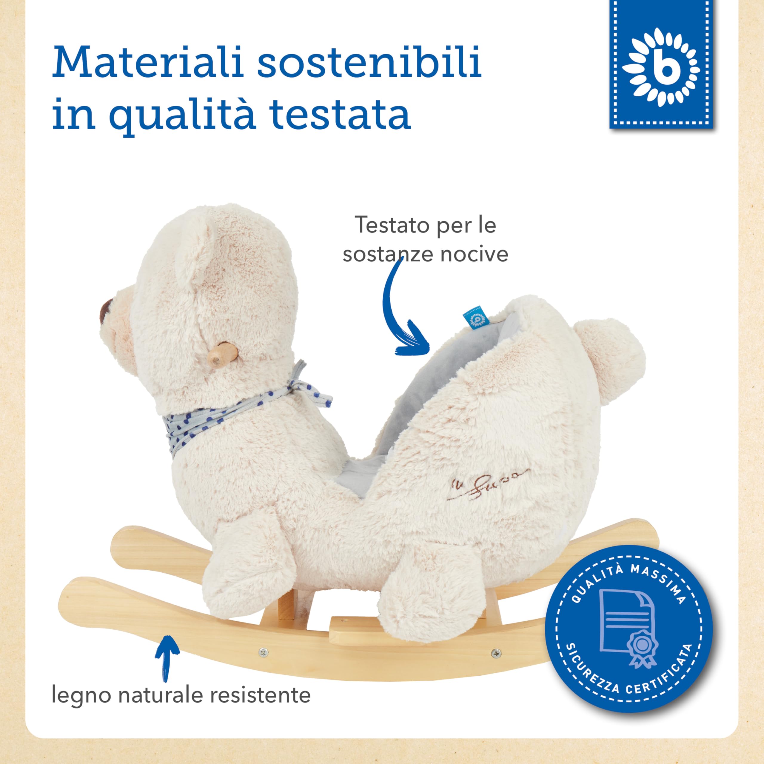 Bieco 74002111 - Dondolo Peluche Crema Orso Giocattolo, Sedia a Dondolo per Bambini con Struttura in Legno, Seduta e Schienale, Giocattoli a Dondolo, Schaukelbär per Neonati e Bambini da 9m +