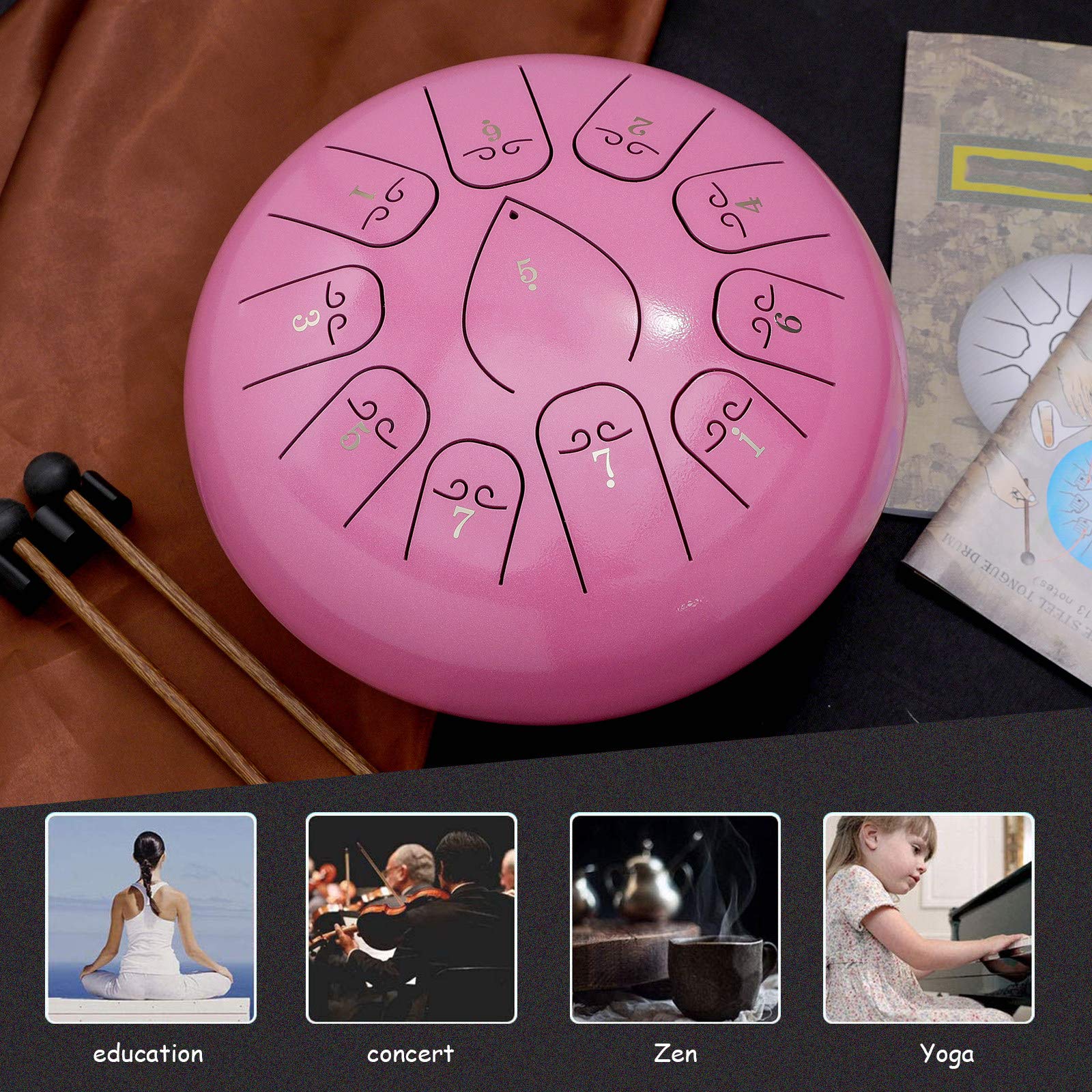 Handpan Drum, 12-calowy stalowy bęben dla dzieci dorosłych, 11 notatek, bęben na instrumenty perkusyjne z gumowymi młotkami, wyściełana torba podróżna dla dzieci i nastolatków, złoto