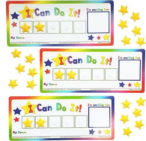 Kenson Kids "I Can Do It!" Tablero de fichas, paquete de 3. Colorido gráfico de recompensas magnéticas con estrellas de refuerzo positivo y caja de