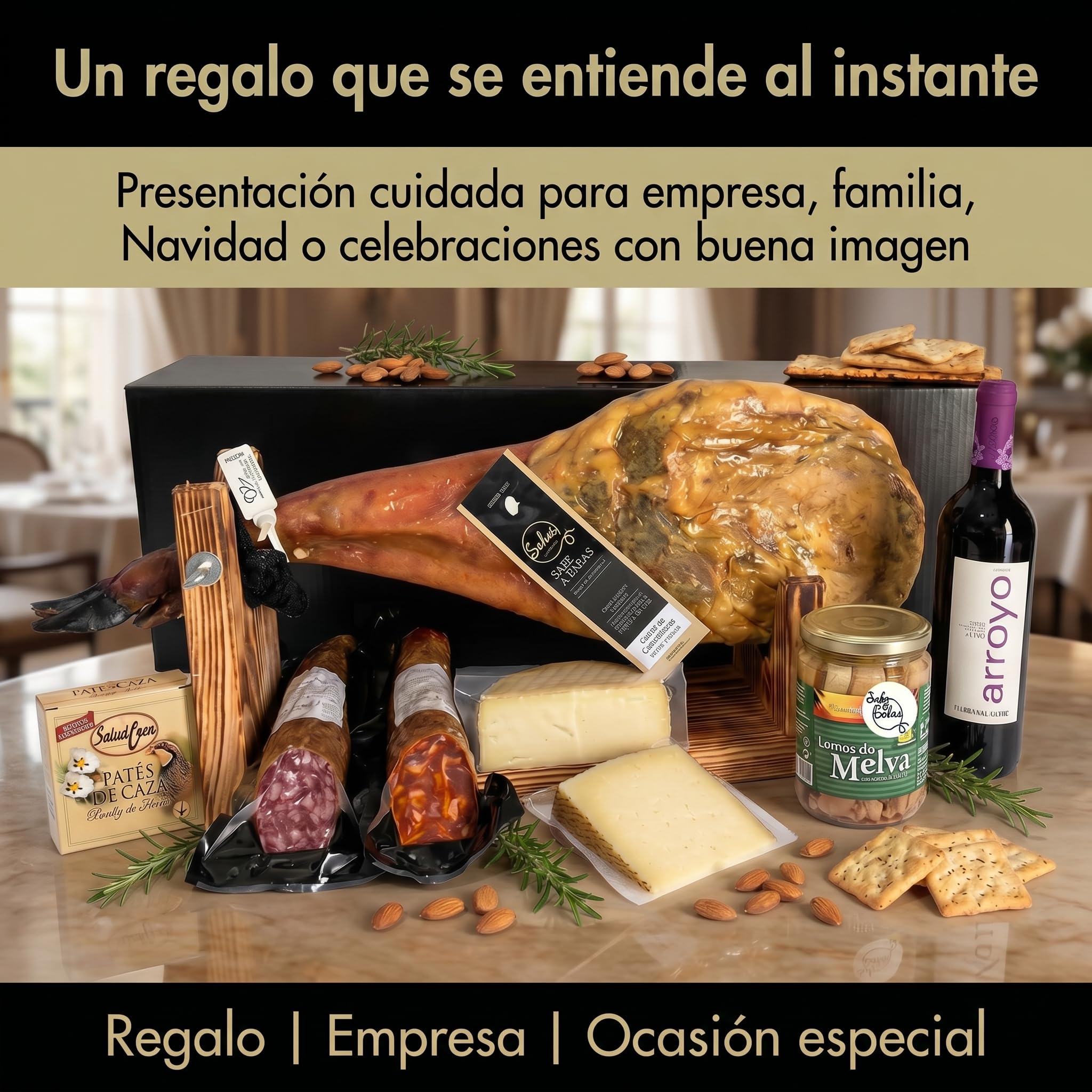 SABE A SABAS Cesta Gourmet con Paleta Ibérica Cebo 50% 5 Kg y Embutidos Bellota Vino Ribera del Duero Queso Curado Patés y Melva Lote de Regalo Navidad Empresa 1 Noche Hotel Gratis Selección Premium