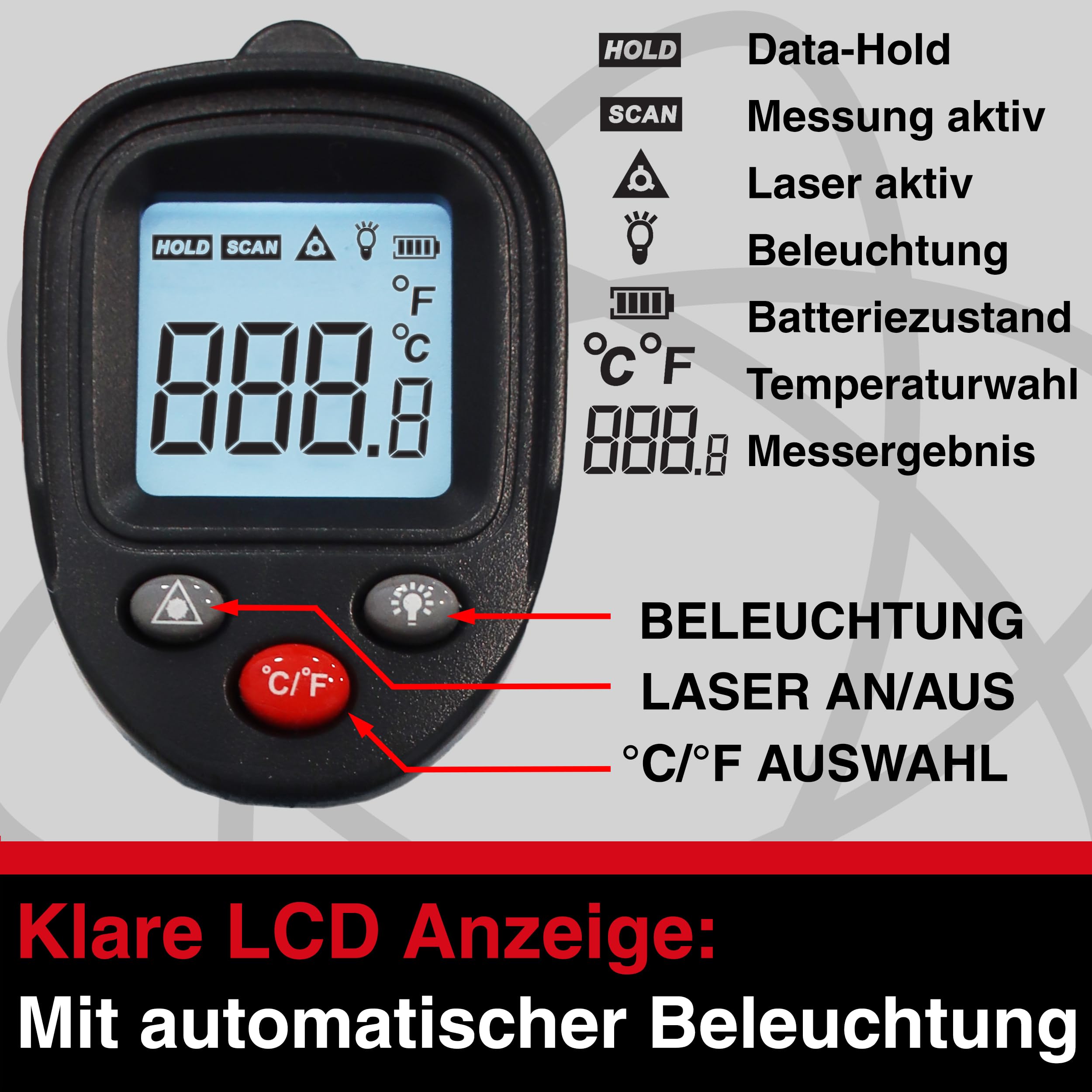 HGL-205 Infrarot Thermometer -50°C ... 600°C Temperaturmessgerät mit Laser für schnelle und präzise Messung der Oberflächentemperatur