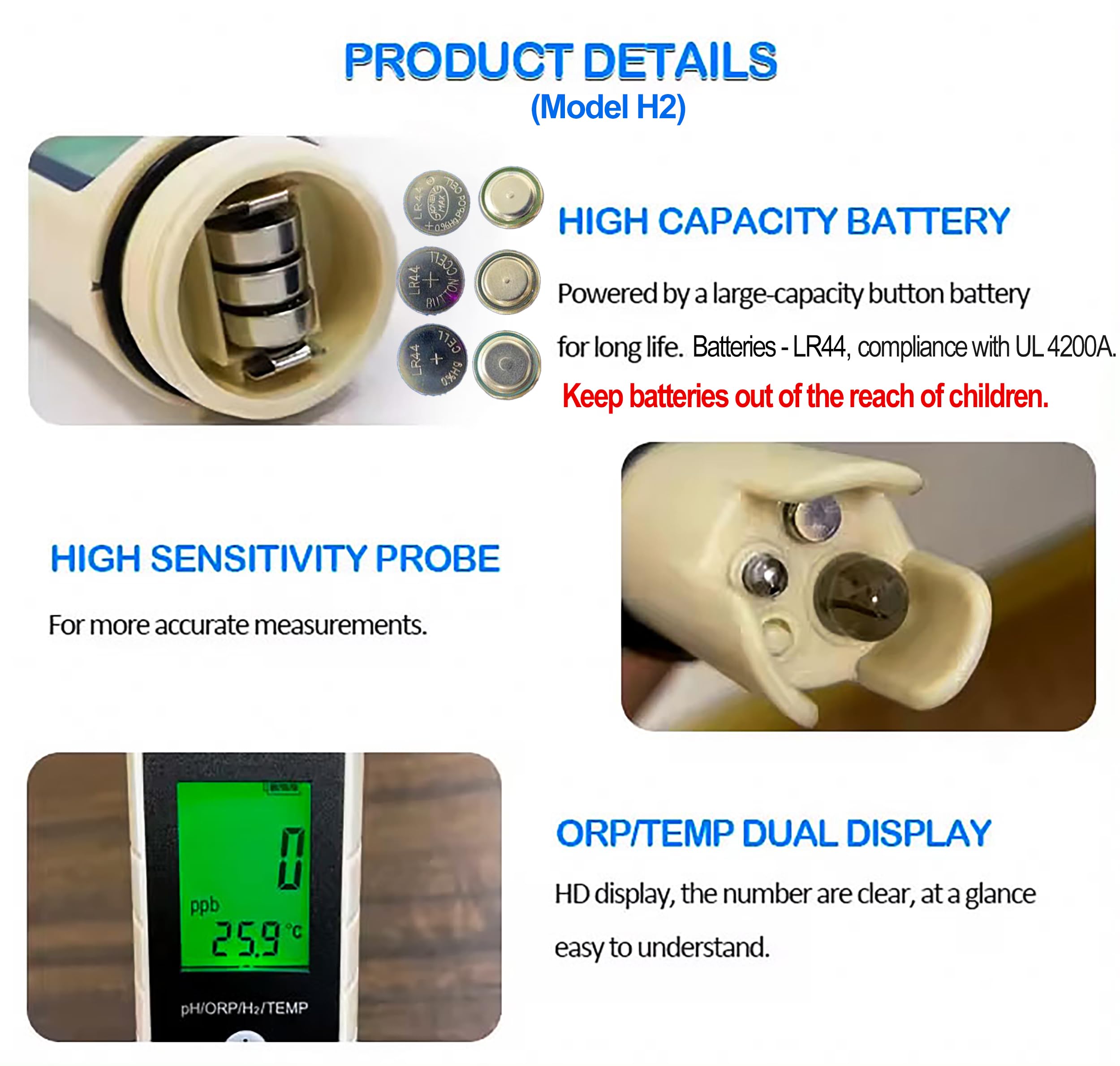 Medidor digital de pH/ORP/H2/temperatura 4 en 1 con ATC, resolución 0.01, probador de concentración de hidrógeno de alta precisión para agua potable, acuarios, piscina, laboratorio
