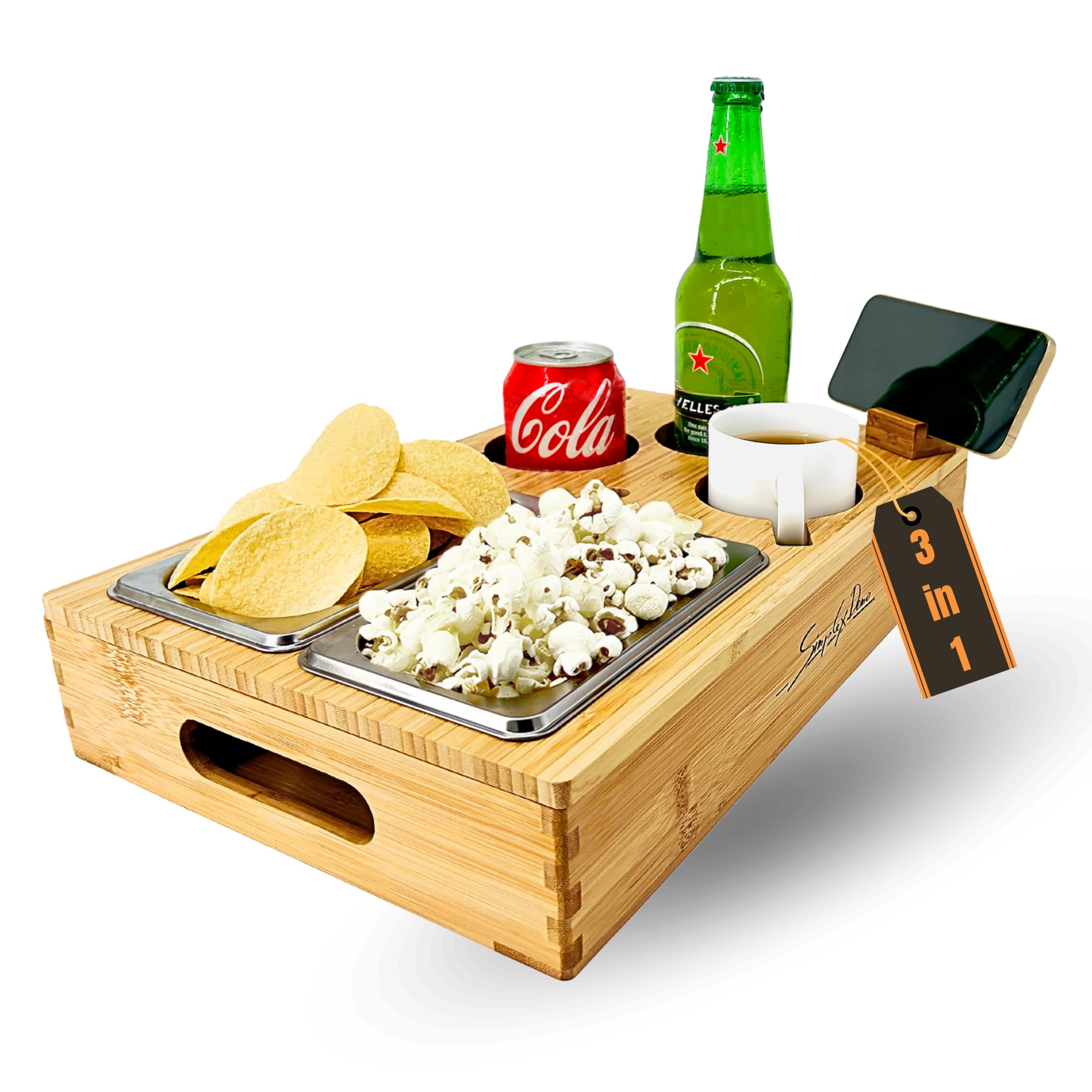 Couchbar Snackbox mit anpassbarer Couch Ablage für 2 Personen - Sofa Snackbar Organizer aus Bambus - Couchtablett mit Getränkehalter & Edelstahl Snackschalen - Sofatablett für Snacks & Getränke