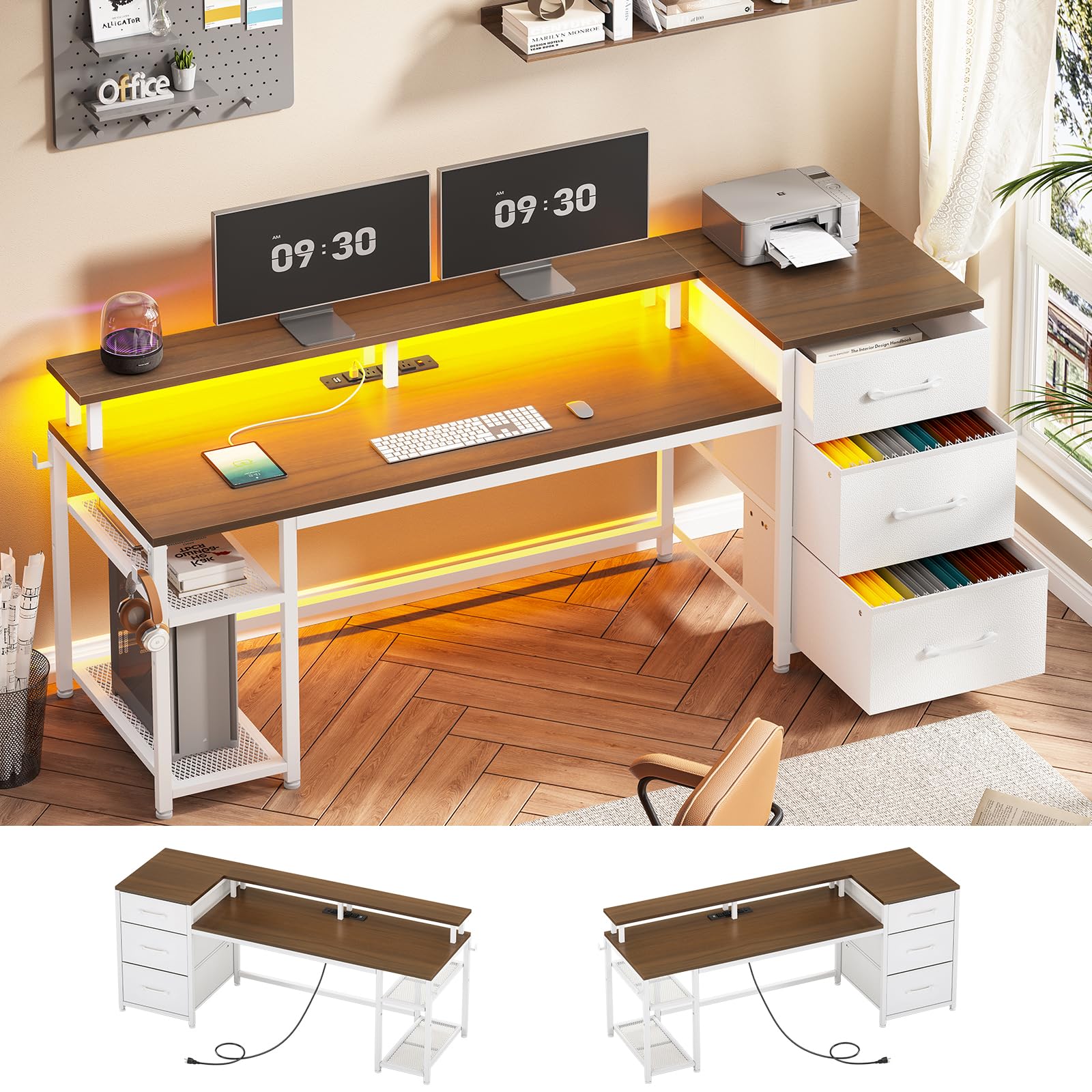 SEDETA 59" Office Desk with Drawers, Reversible Computer Desk with File Drawers & Storage, Gaming Desk with LED Lights & Power Outlet, Home Office Desks for Printer, White and Brown