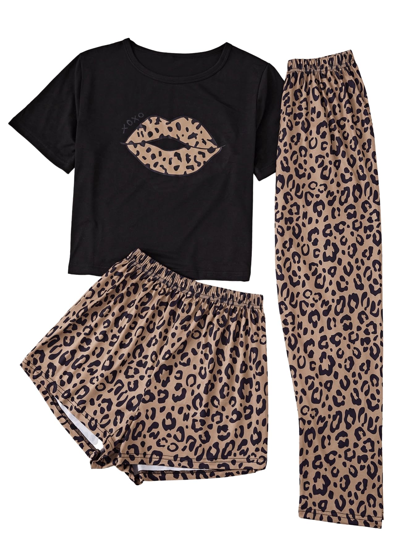 GORGLITTER Conjunto de pijama de 3 piezas para mujer, diseño de leopardo, camiseta y pantalones, ropa de dormir corta con camiseta