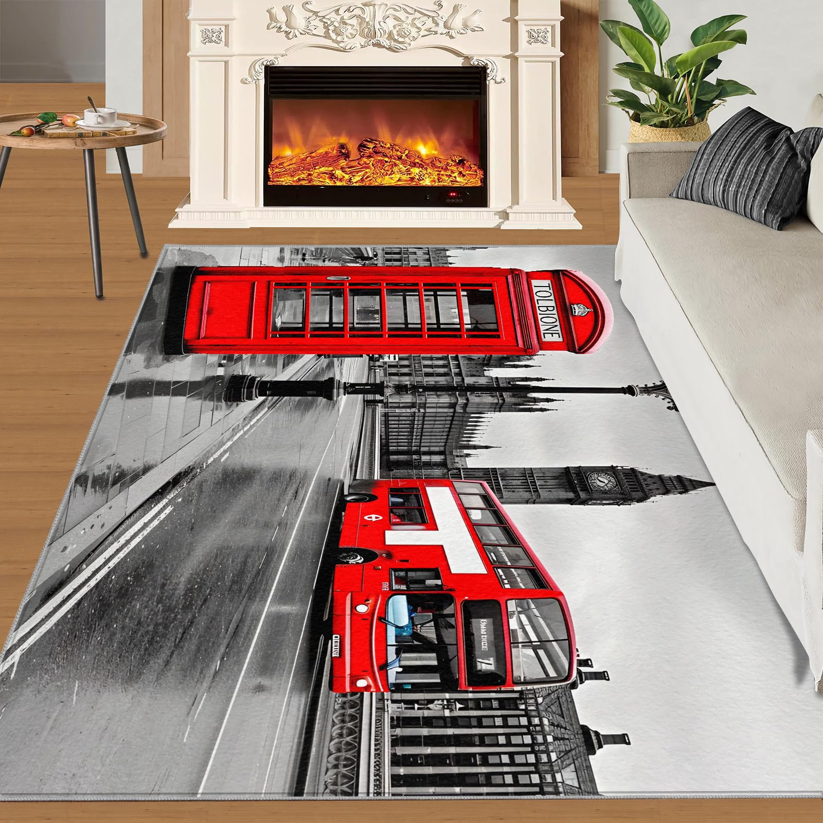 SANSJI Modern Cityscape Large Rugs for Living Room 200x290, London Themed Rug Non Slip Washable Rug, Retro Rugs for Bedroom, Big Ben Print Stain Resistant Indoor Carpet for Classroom