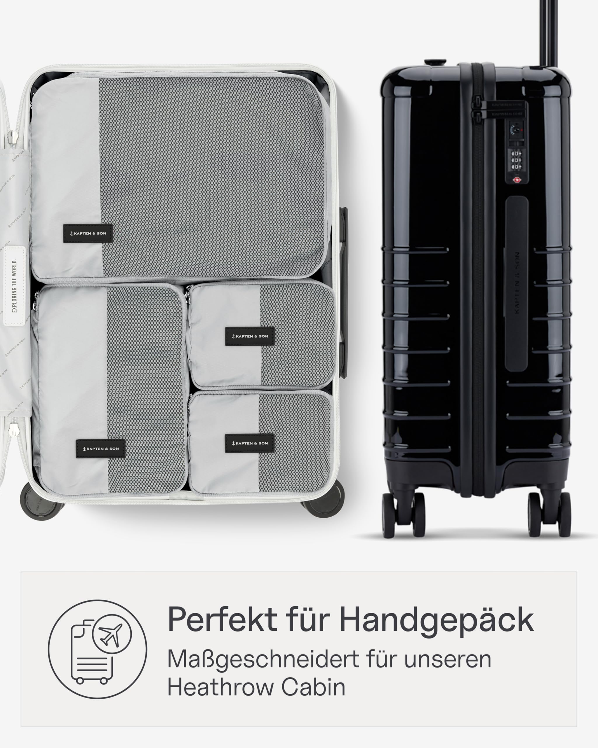 Kapten & Son Packing Cubes Set Small All Black Koffer Organizer 4er Set | 4er Set Packwürfel für Handgepäckkoffer (2x Small, 1x Medium, 1x Large) Koffer Organizer Set aus veganem Tech-Material