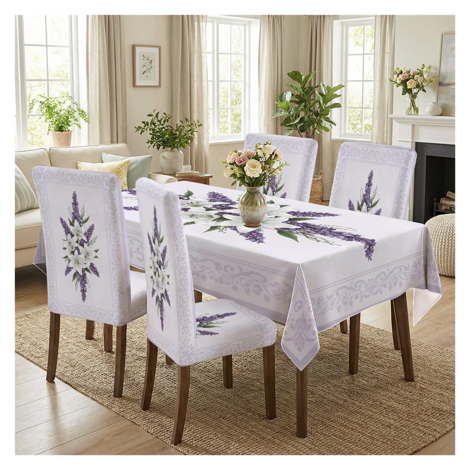 KXUAUV Lavender & Lily Print Stretch Dining Chair Covers & Tablecloth Set, 5/7 Pack Party Decor(5pcs Set: Tablecloth+Chair Covers)