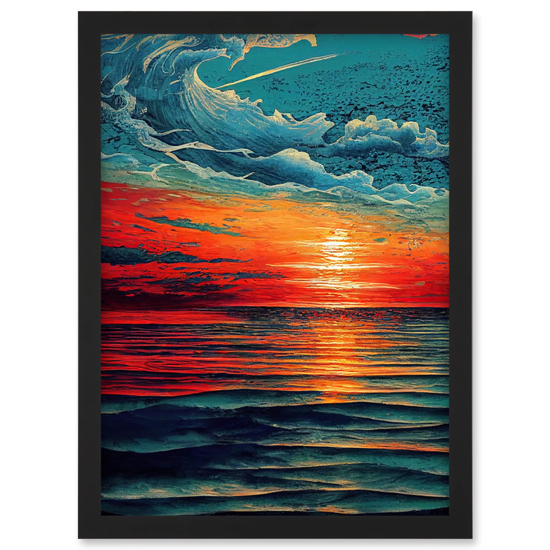 Seascape Scarlet Sunrise Fiery Horizon Framed Wall Art Print - A4 Size - Artery8