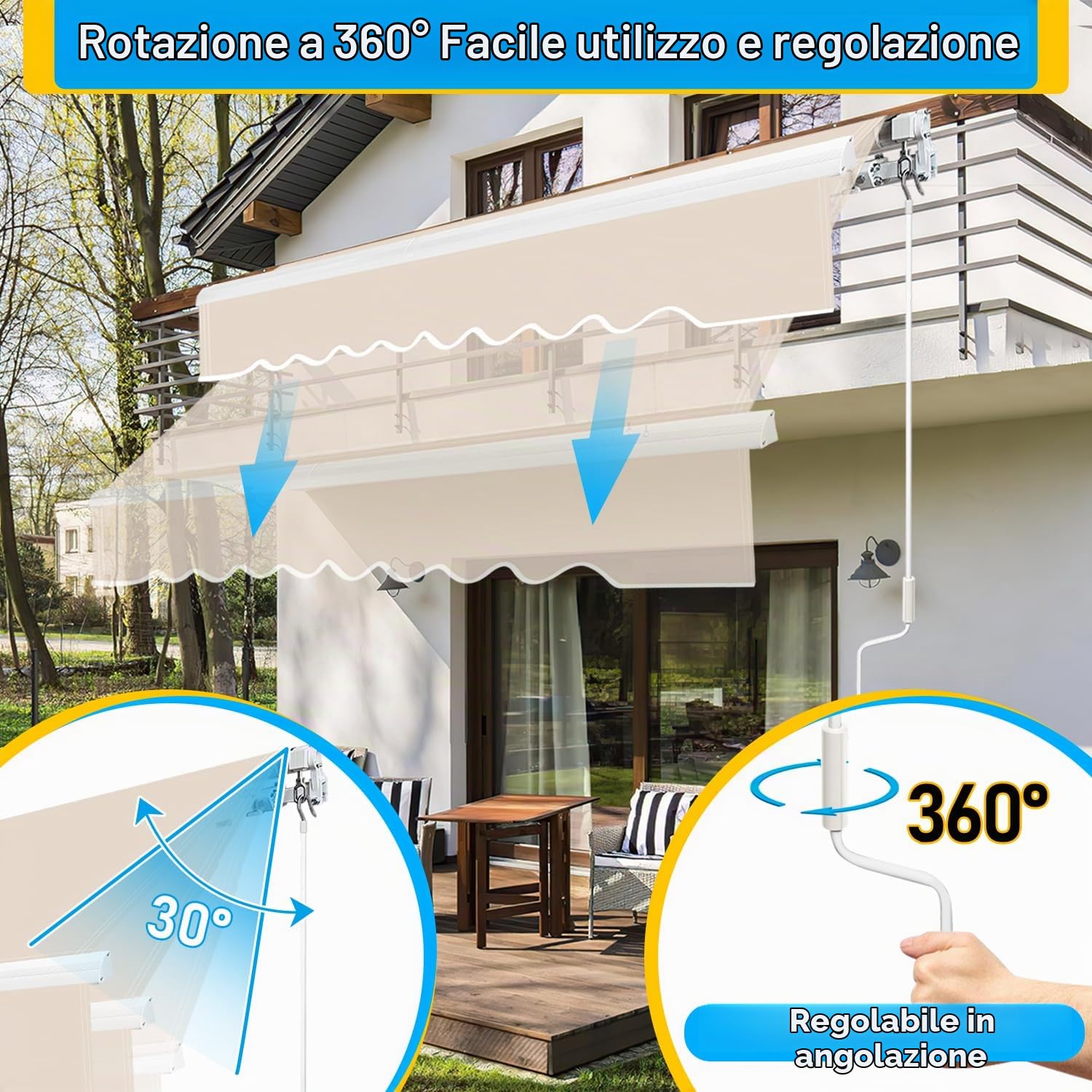 Randaco Tenda da sole con braccio snodato, 350 x 300 cm, beige, con manovella, angolo di inclinazione fino a 30 gradi, protezione solare impermeabile