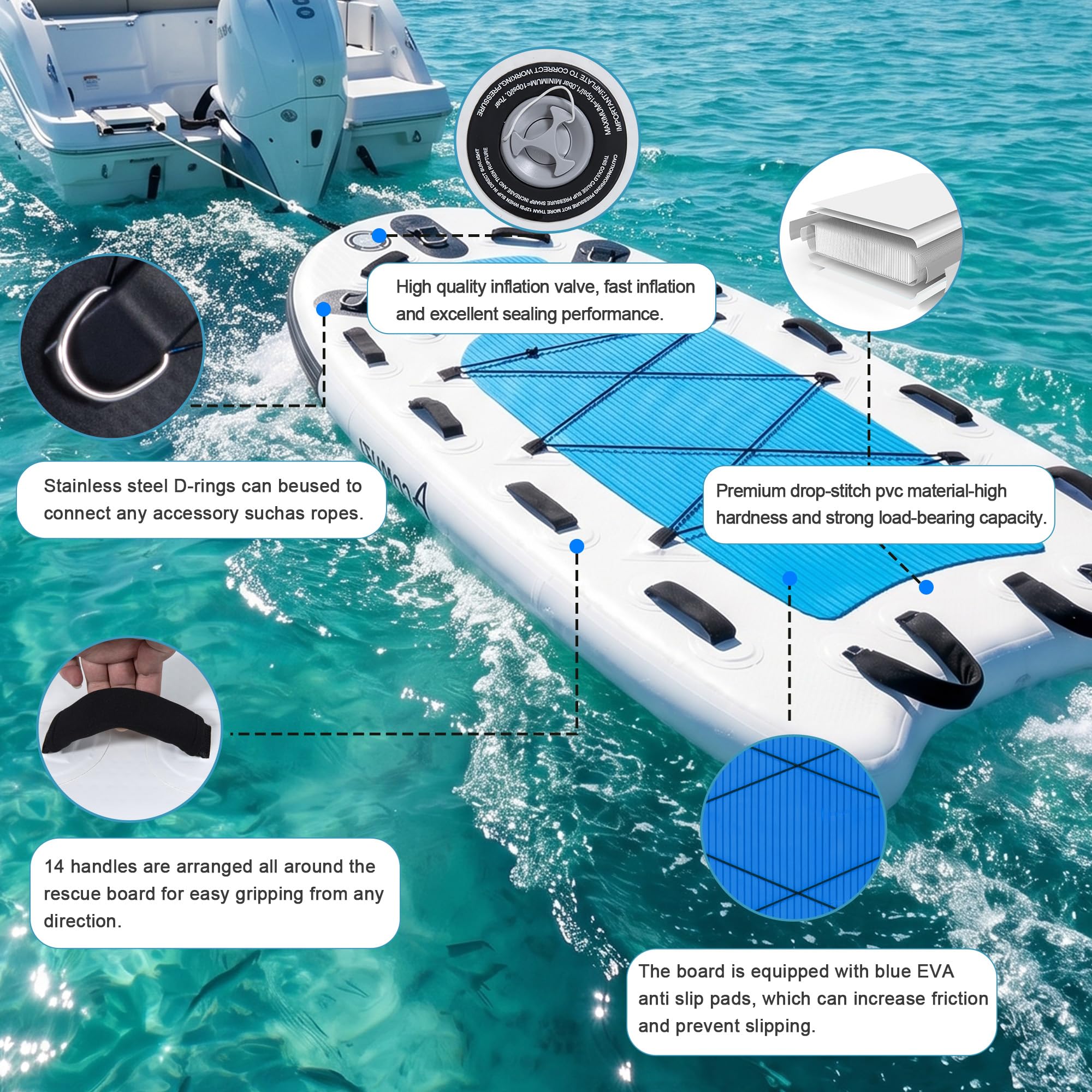 Aufblasbarer Wasserrettungsschlitten, Drop-Stitch PVC Jet Ski Rescue Board Aufblasbares Bodyboard, Gelbe Notfallausrüstung für Seen/Ozeane/Flüsse, 73×39×4 Zoll