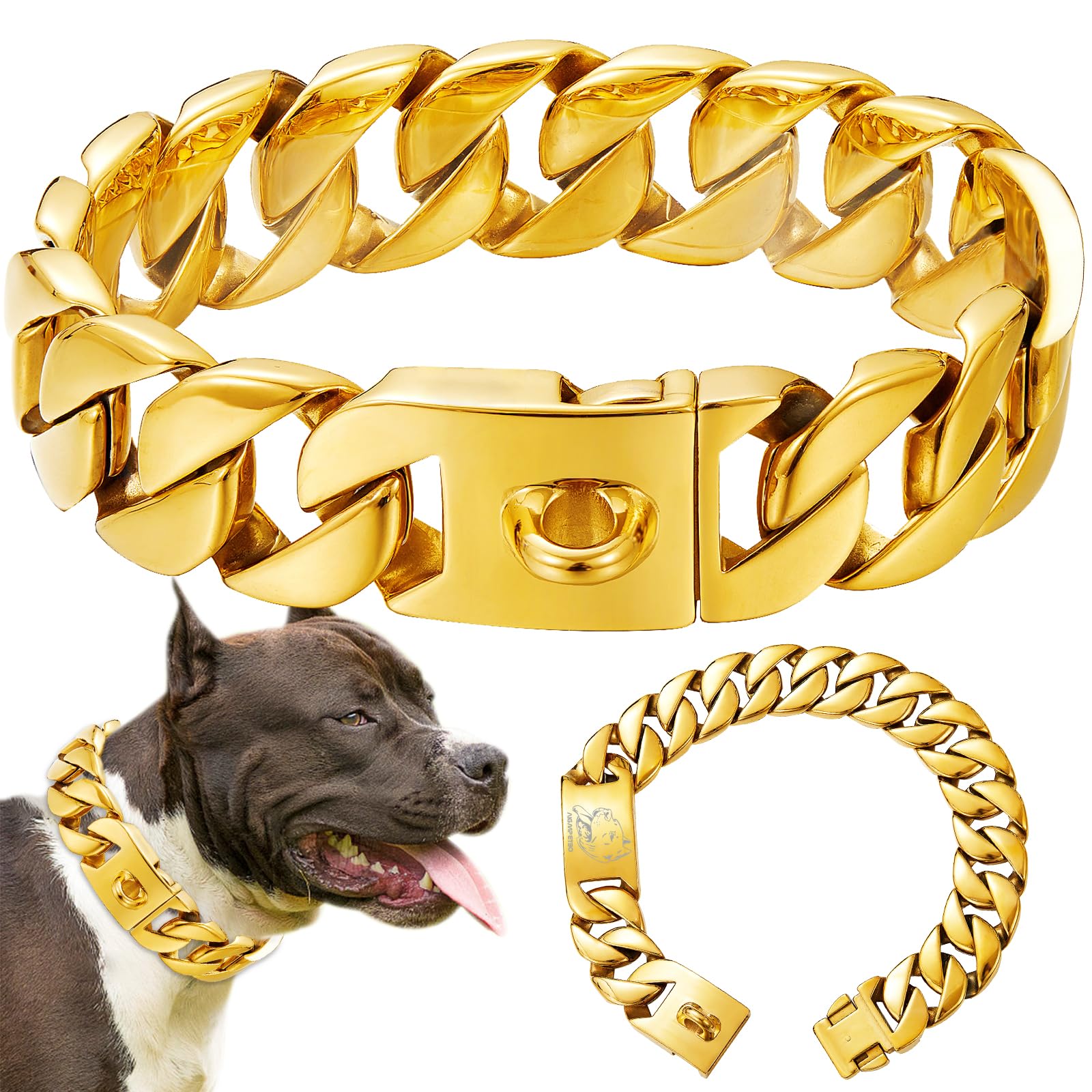 Heavy Duty Gold Dog Chain Collar for Large Dogs 32mm Wide Strong Stainless Steel Chew Proof Solid Cuban Link Dog Chains Training Walking Collars for