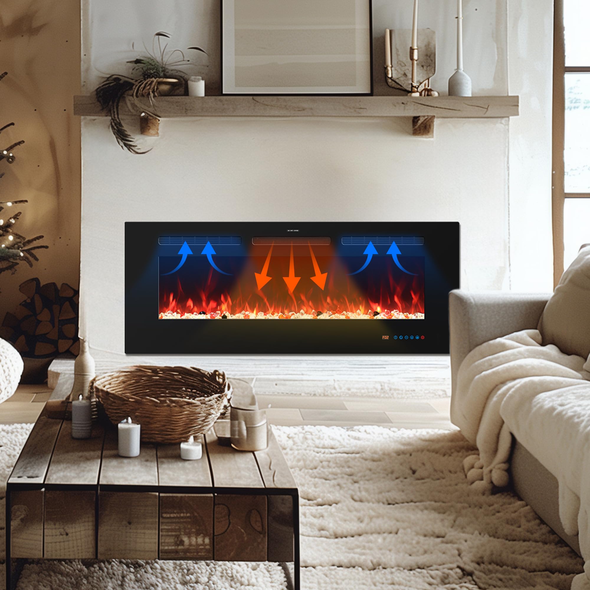 107 cm elektrischer Kamin, Einbau- und Wandkamin Heizung, 750W/1500W linearer Kamin mit Fernbedienung, Touchscreen, 13 Flammenfarben, Timer, Log-Kristall