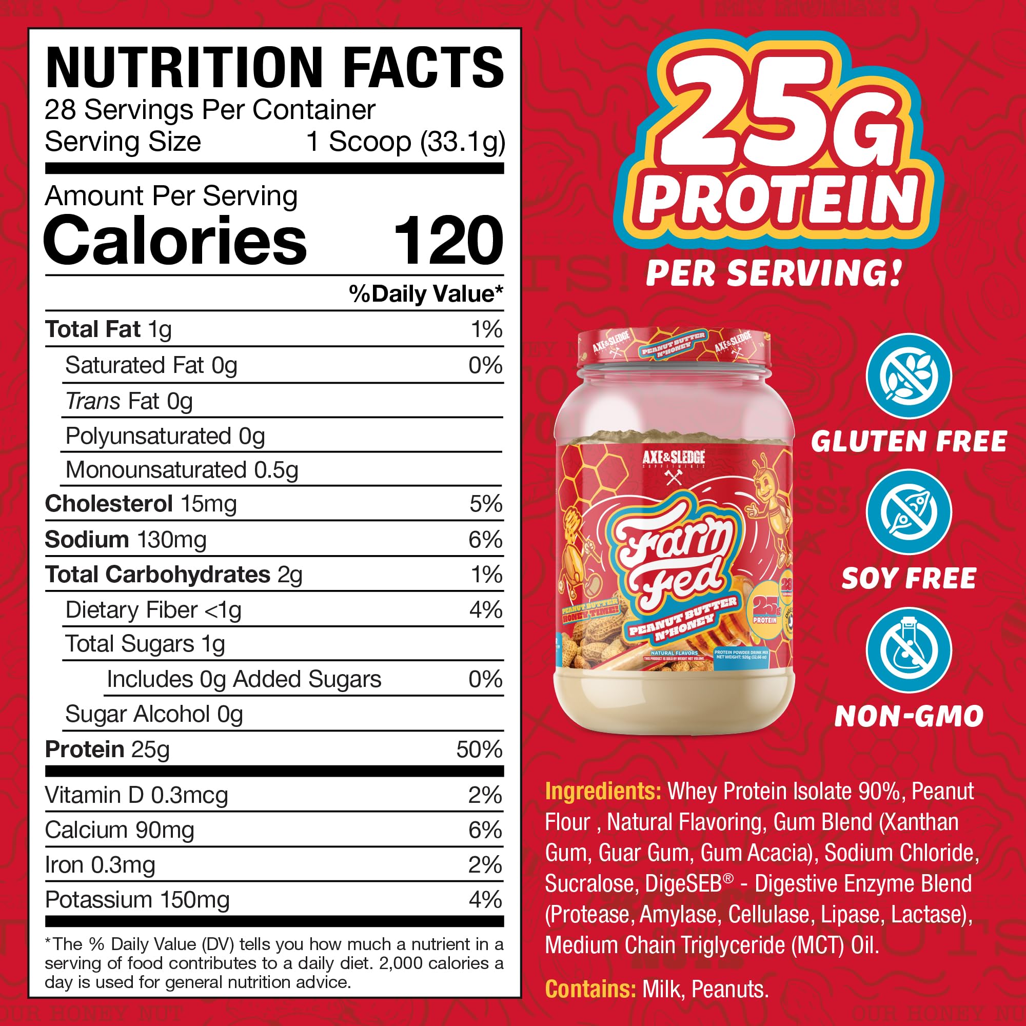 Axe & Sledge Farm Fed 100% Whey Protein Isolate | 25g Protein | Low Carb, Low Sugar, Gluten Free | Protein Powder for Men and Women | Keto | Made in the USA | 28 Servings, Peanut Butter N' Honey — Amazon image 2