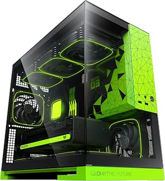 Geometric Future Model 3 Panoramic Tempered Glass Dual Chamber Micro-ATX Tower PC Case, 5 Pre-Installed 120mm x 30mm PWM ARGB Fans, USB Type-C, 360mm Radiator Support, Black/Green, GEO-M3F-BNV