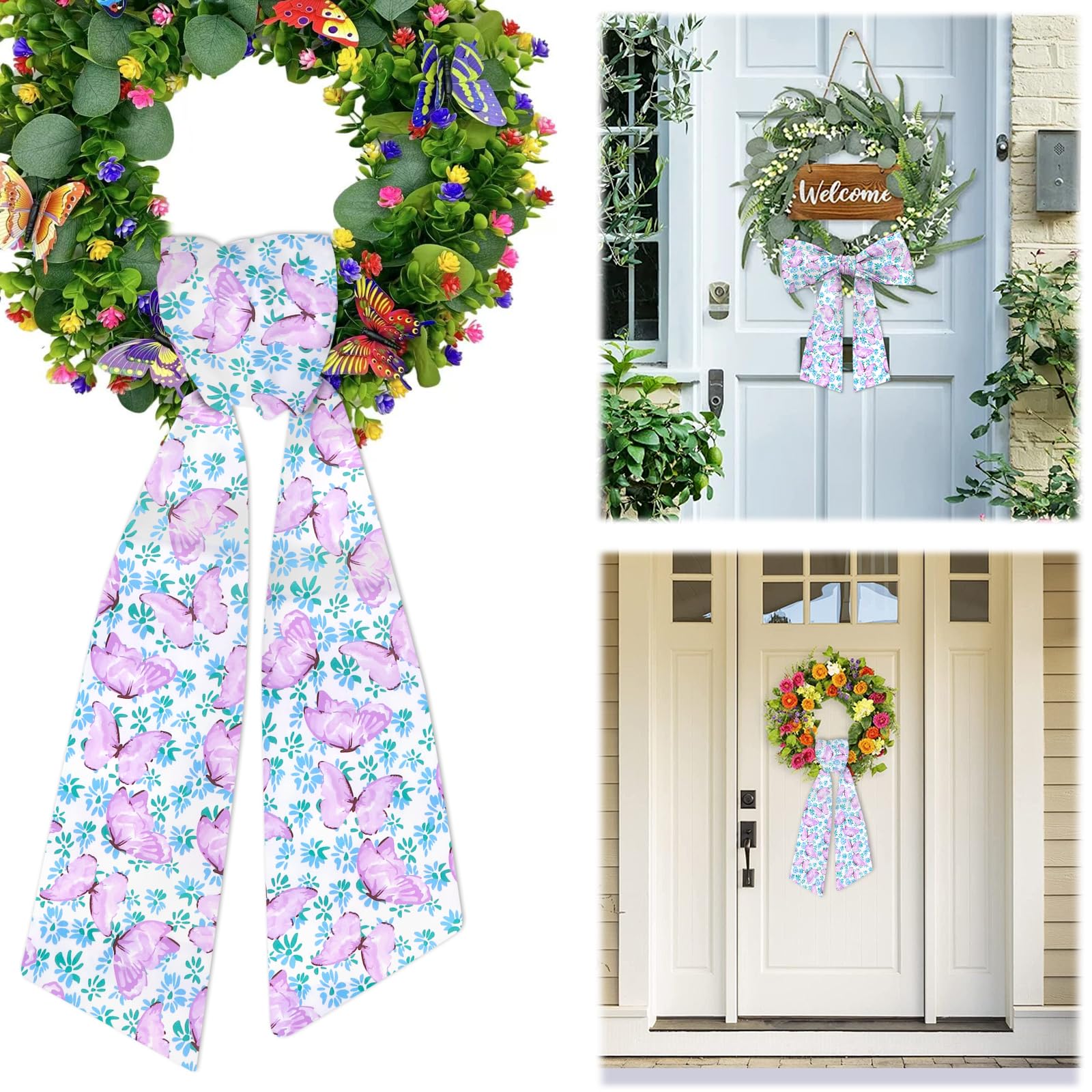 Spring Wreath Sash for Front Door Purple Floral Sash Holiday Wreath Accessories for Home Garland Wedding Birthday Party Decorations