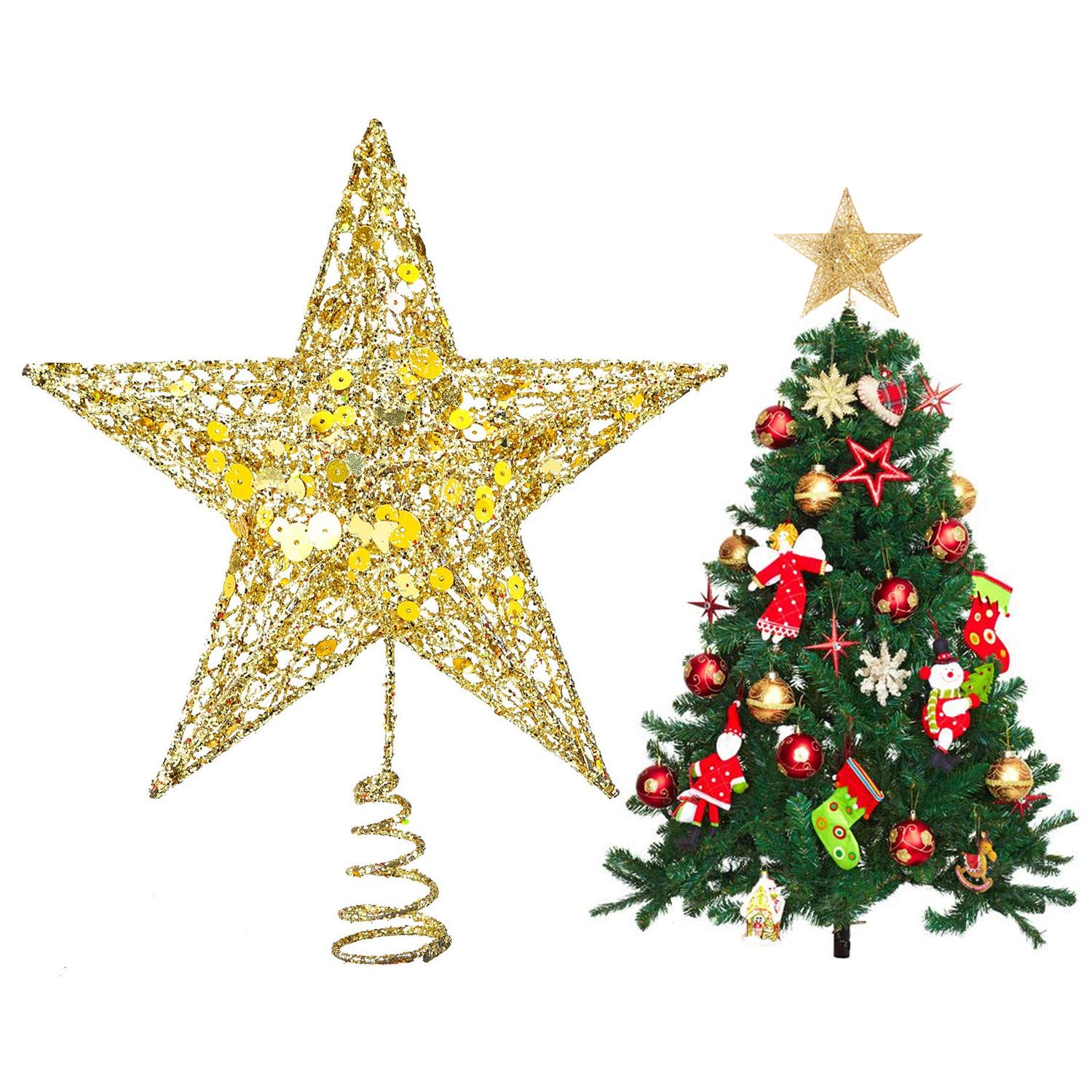 Metal Glittered Christmas Tree Topper Silver Star Christmas Tree Topper for Christmas Tree Ornament, 8 Inches (Gold)