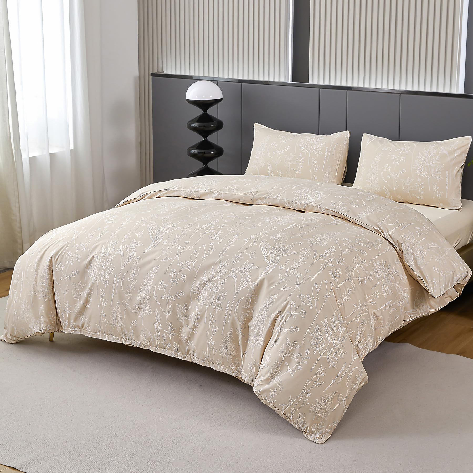 Jemiipee Bettwäsche 135x200 4 teilig Beige, Bettwäsche-Set mit Blumenmuster, Bettbezug 135 x 200 Kissenbezug 80x80, Deckenbezug Wendebettwäsche Weich mit Reißverschluss