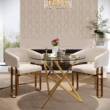 3 Pieces Gold Dining Room Table Set, Glass Dining Tabe Set for 2, Glass Top Dining Table with Gold Dining Chair with for Dining Room, Kitchen, Mirrored Polished Stainless Steel Legs