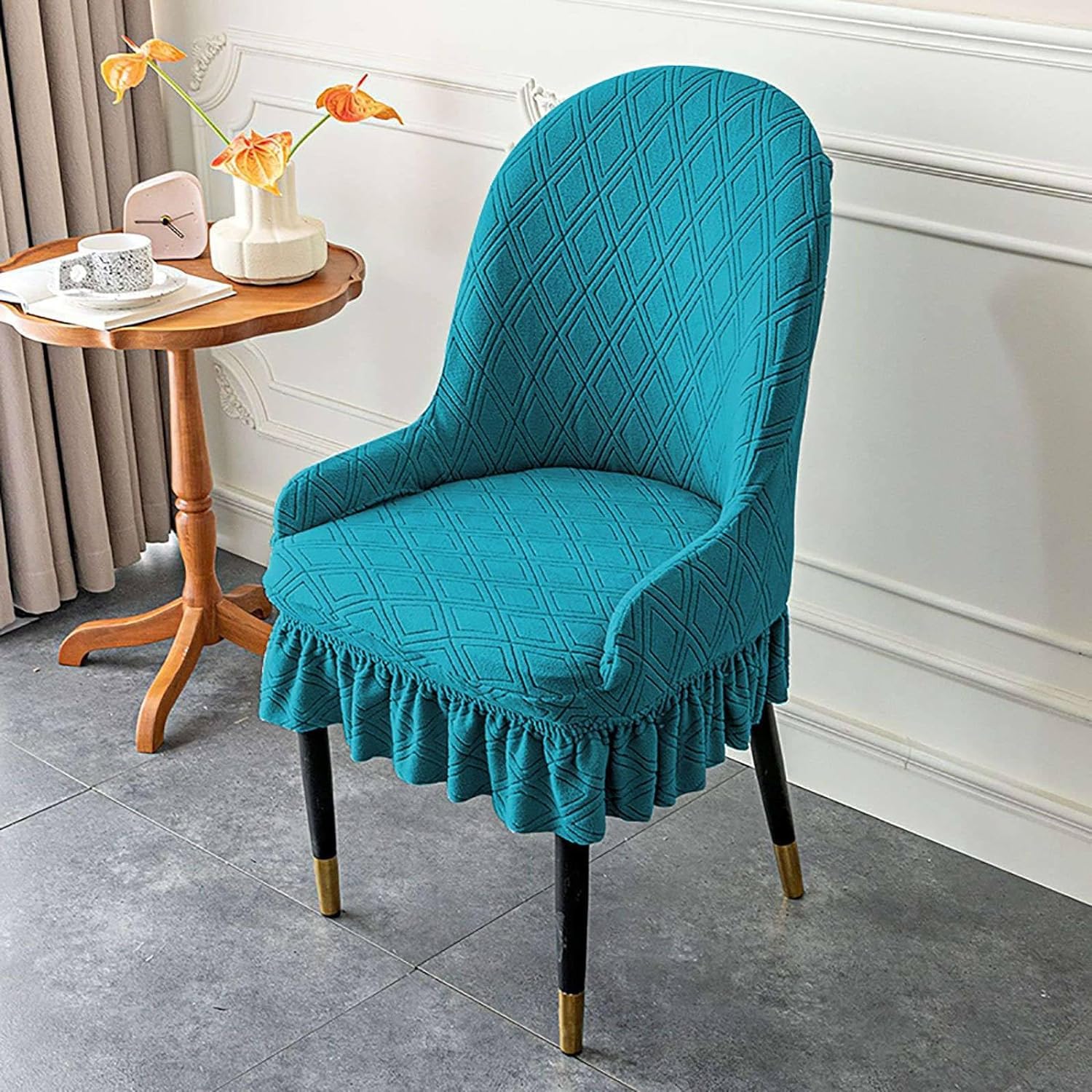 YOPOIY Fundas elásticas para sillas con respaldo curvado con faldón, fundas de silla de comedor de jacquard, fundas extraíbles lavables para decoración (verde oscuro, 4 piezas)