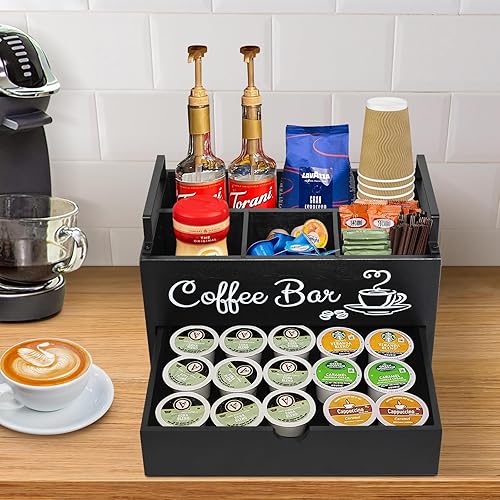 Miniatura 2 de Organizador de accesorios de barra de café, organizador de estación de café de madera con asa, cesta de almacenamiento para tazas K, soportes para