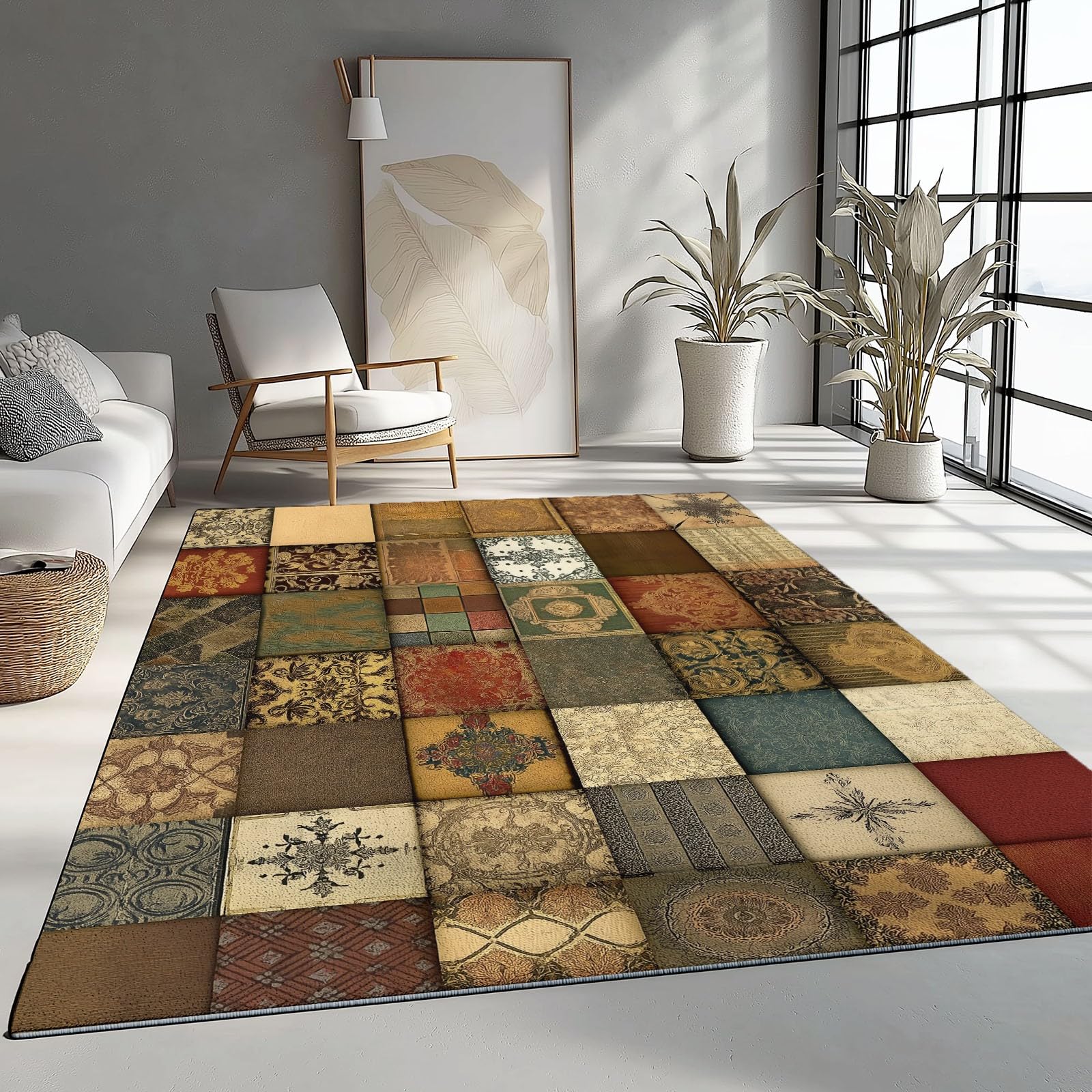 Bunter Patchwork Teppich 80 x 150 cm | Retro-Textur-Druck auf weichem Flanell Pflegeleichter, Rutschfester Bodenteppich, der eine nostalgisch-gemütliche Aura im Schlafzimmer verströmt