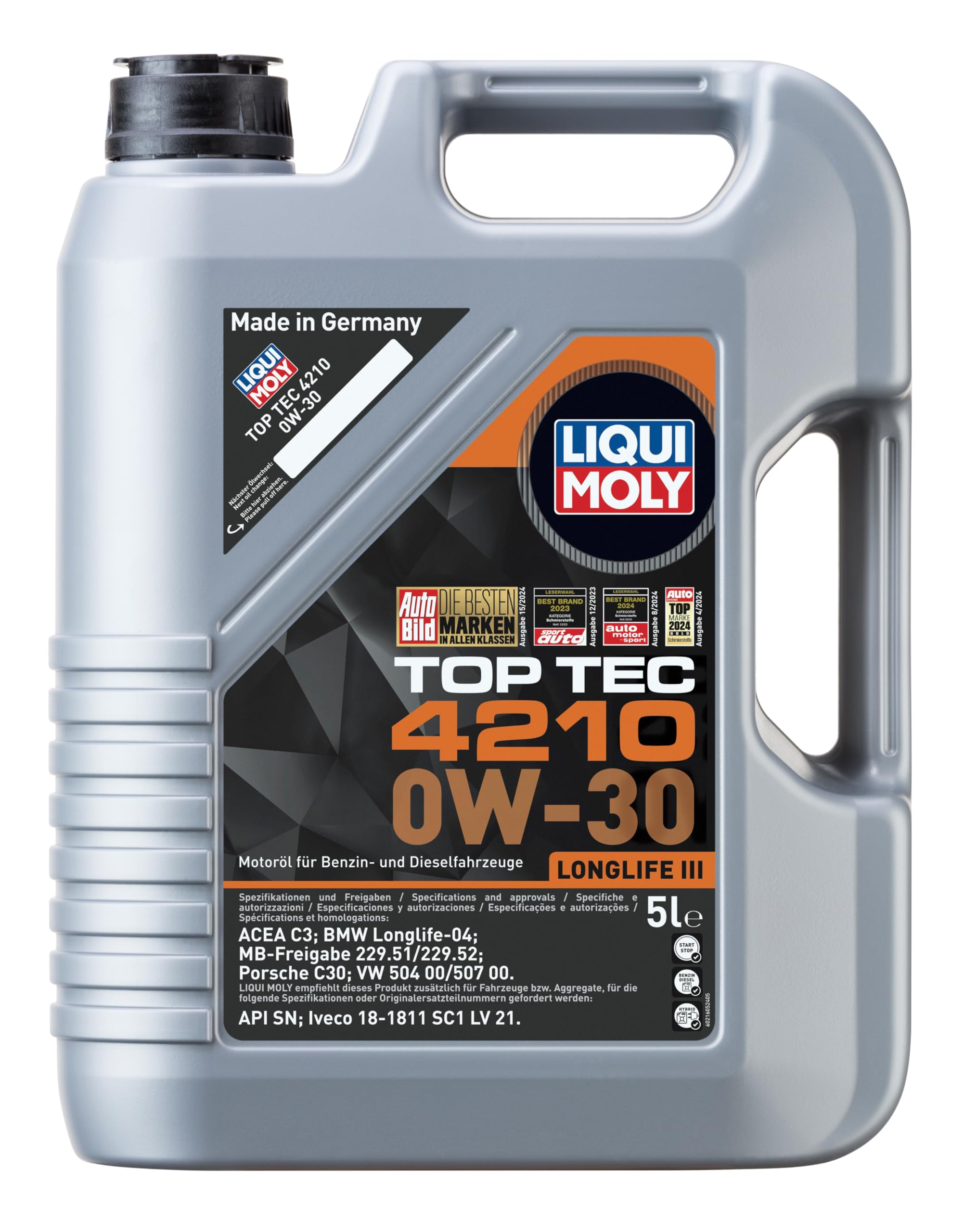 LIQUI MOLY Aceite de motor 0W-30 Top Tec ACEA C3 API SN 4210 5L Compatible con VW Polo V Hatchback 6R1, 6C1 Golf 7 Hatchback 5G1, BQ1, BE1, BE2 Passat B8 Variant 3G5, CB5, SKODA Octavia III Combi 5E5