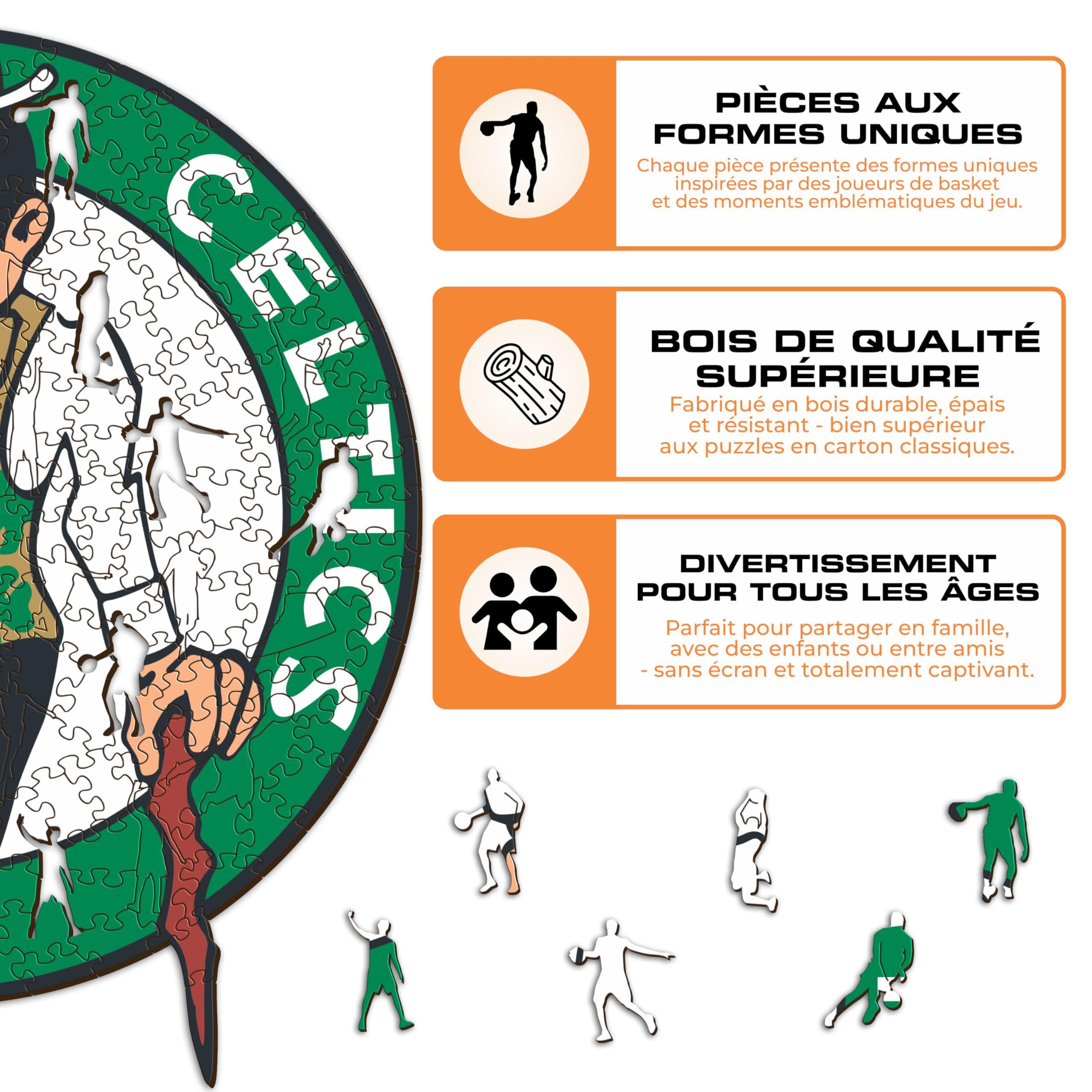 Iconic Puzzles - Boston Celtics, Logo, Puzzle en Bois sous Licence Officielle NBA, 100% Durable, Taille S, 150 pièces