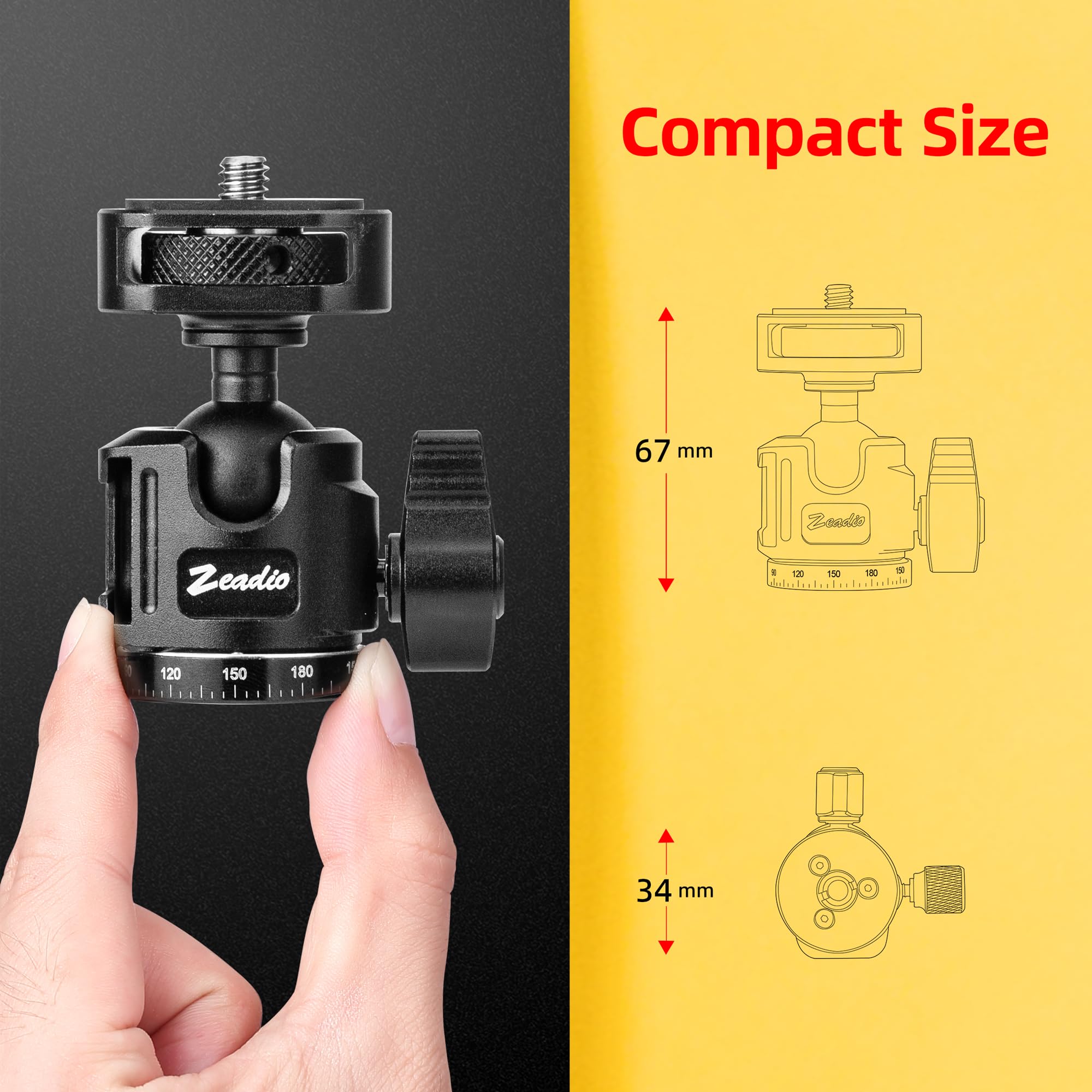Zeadio Mini Metallo Testa a Sfera, Testa a Sfera Panoramica a 360° con Slitta Cold Shoe e Vite da 1/4", Testa Compatta per Treppiede per Fotocamera, Monopiede, Treppiede, Vlogging, Live Streaming ecc
