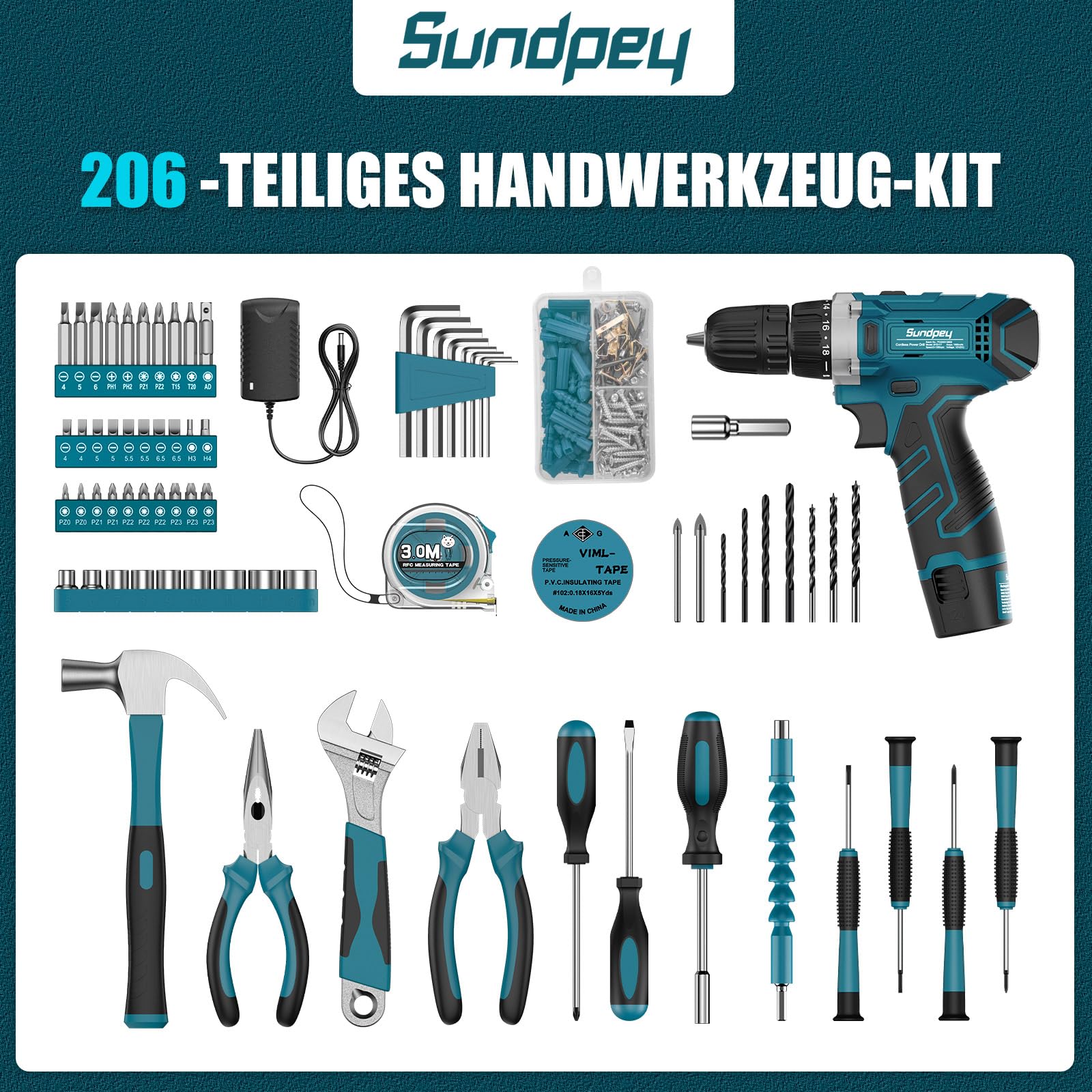 Sundpey Werkzeugkoffer Gefüllt 206tlg, Werkzeugkoffer mit 12V Akkuschrauber zum Anziehen/Lösen von Schrauben, Haushalts-Werkzeugkasten Werkzeugset für Reparaturen im Haushalt und Heimwerken, Blu