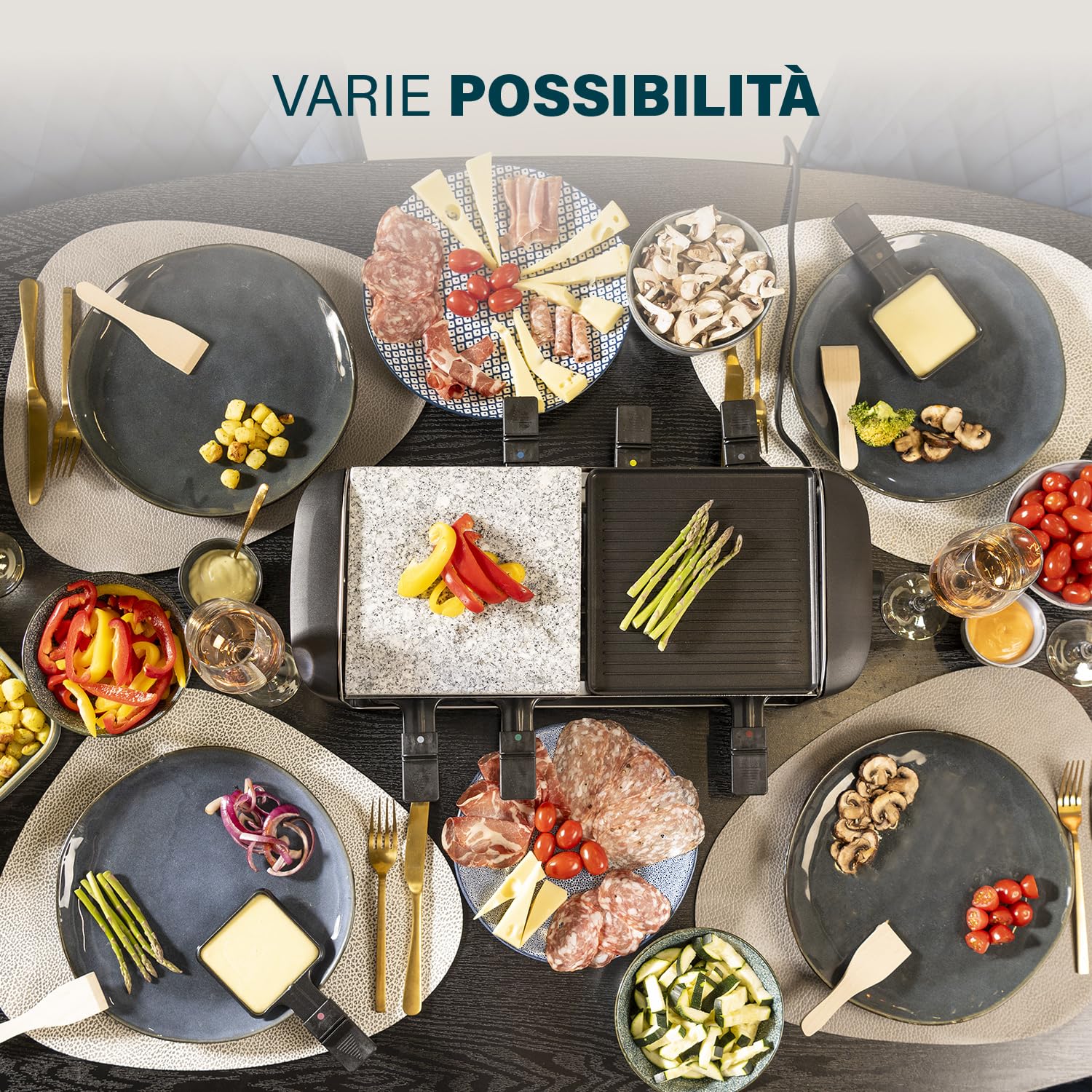 Princess 8 Stone & Grill Party 162820 Raclette con Piastra in Pietra e Griglia in Alluminio 162820, 1300 watt, 8 persone, Nero