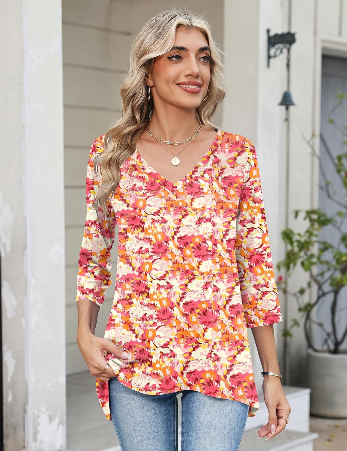 LUYAA 3/4 Length Sleeve Womens Tops V Neck Loose Fit Dressy Casual Blouse Flowy Shirts Plus Size Womens Clothing S-3XL - Image 5