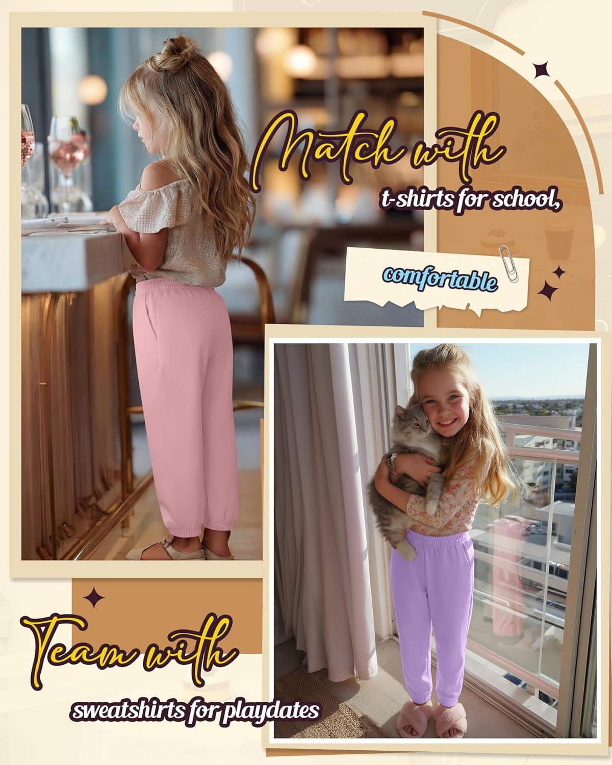 3 Pack Girl's Lounge Joggers Soft Lightweight Sweatpants Elastic Waist Jogger Pants Active Pants with Pockets - Image 4