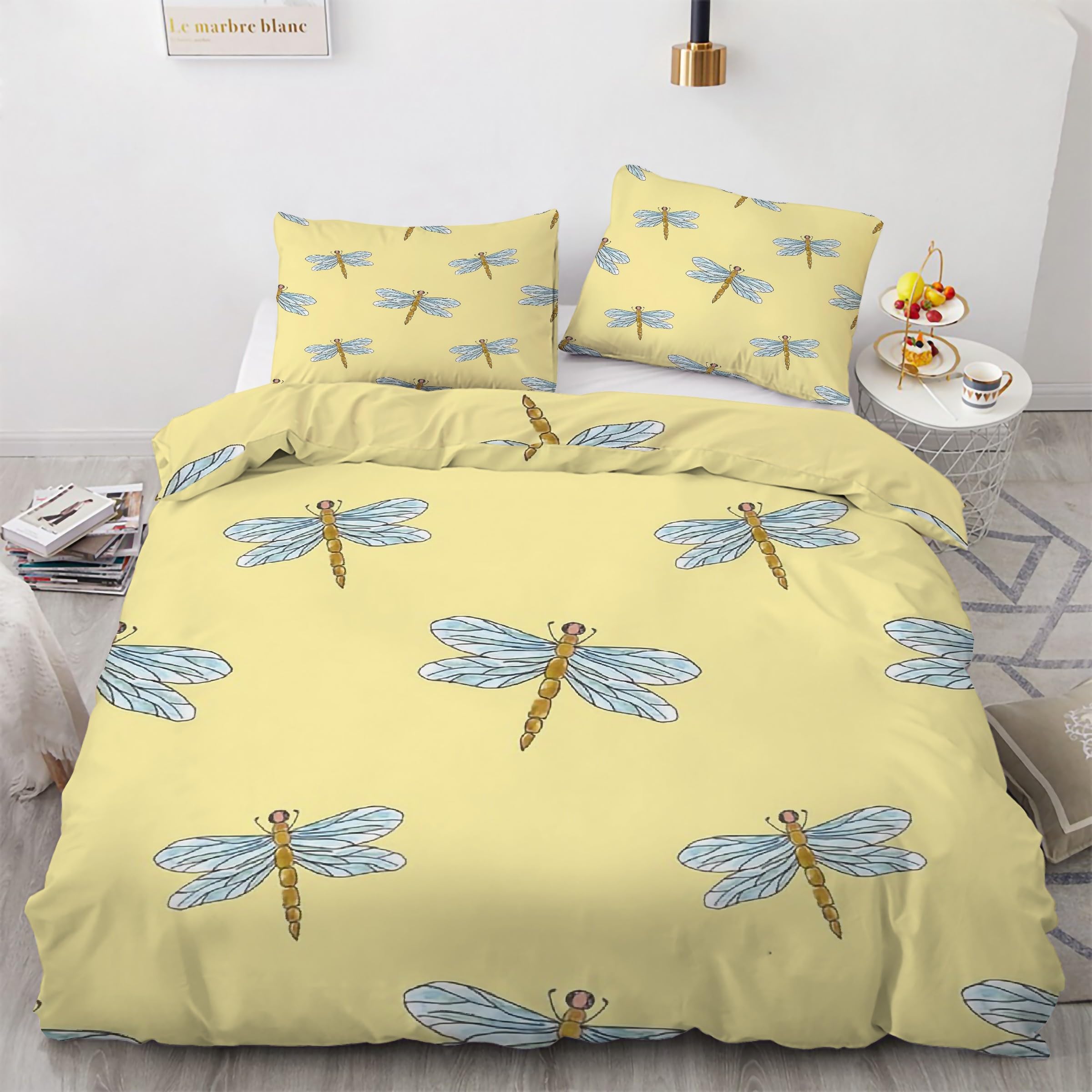 Housse de couette 200x200 jaune libellule douce et facile à fermer pour lit 2 personnes