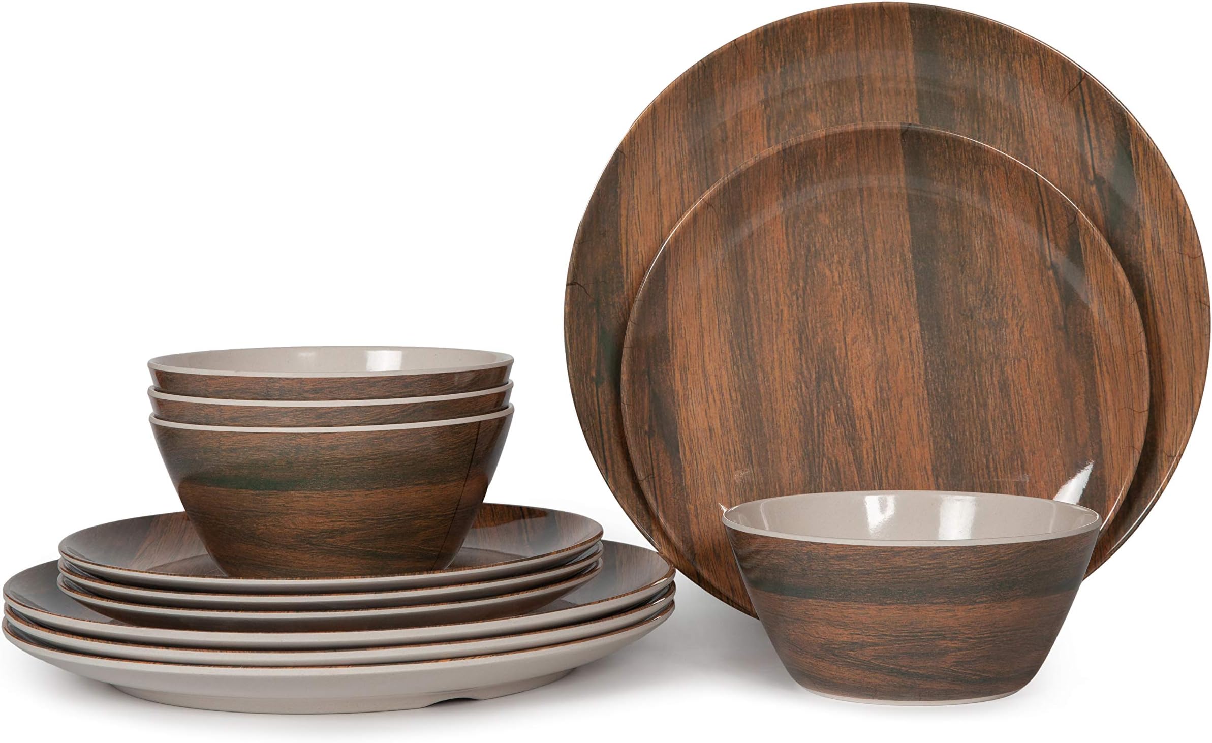 12 Pcs Melamine Dinnerware Set (Wood Grain),Camping Dishes, Lightweight Unbreakable, Dishwasher Safe