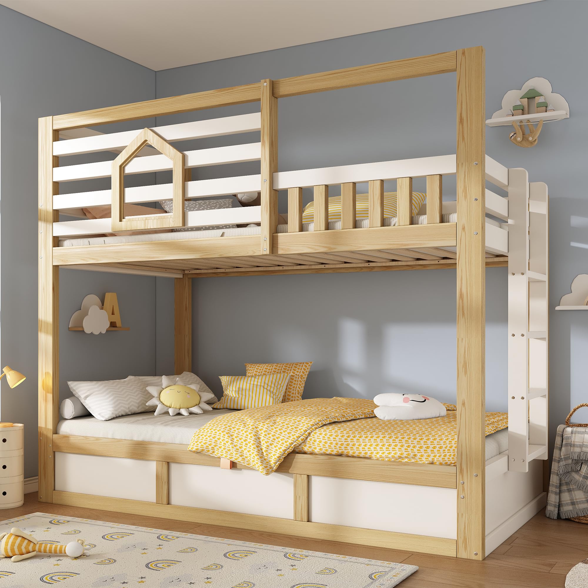 Mrwoo Cama Infantil 90x200 cm con Almacenamiento Hidráulico, Cama Alta con Ventanas y Estilo Rústico, Escalera Recta, 2 Superficies de Descanso, Roble+Blanco-A(Sin Colchón)
