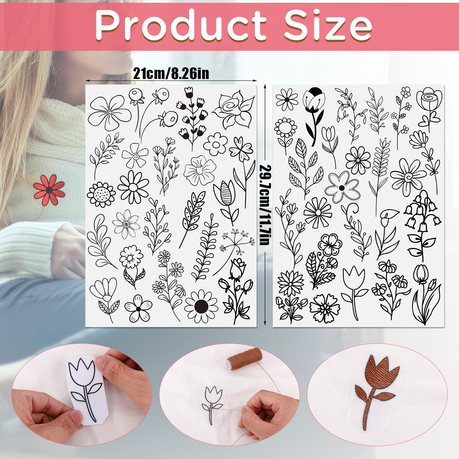 50pcs Hand Sewing Stabilizers, Stick and Stitch Embroidery Paper Water Soluble Stabilizer Embroidery Pattern Transfers for Hand Sewing Beginners (Flowers)