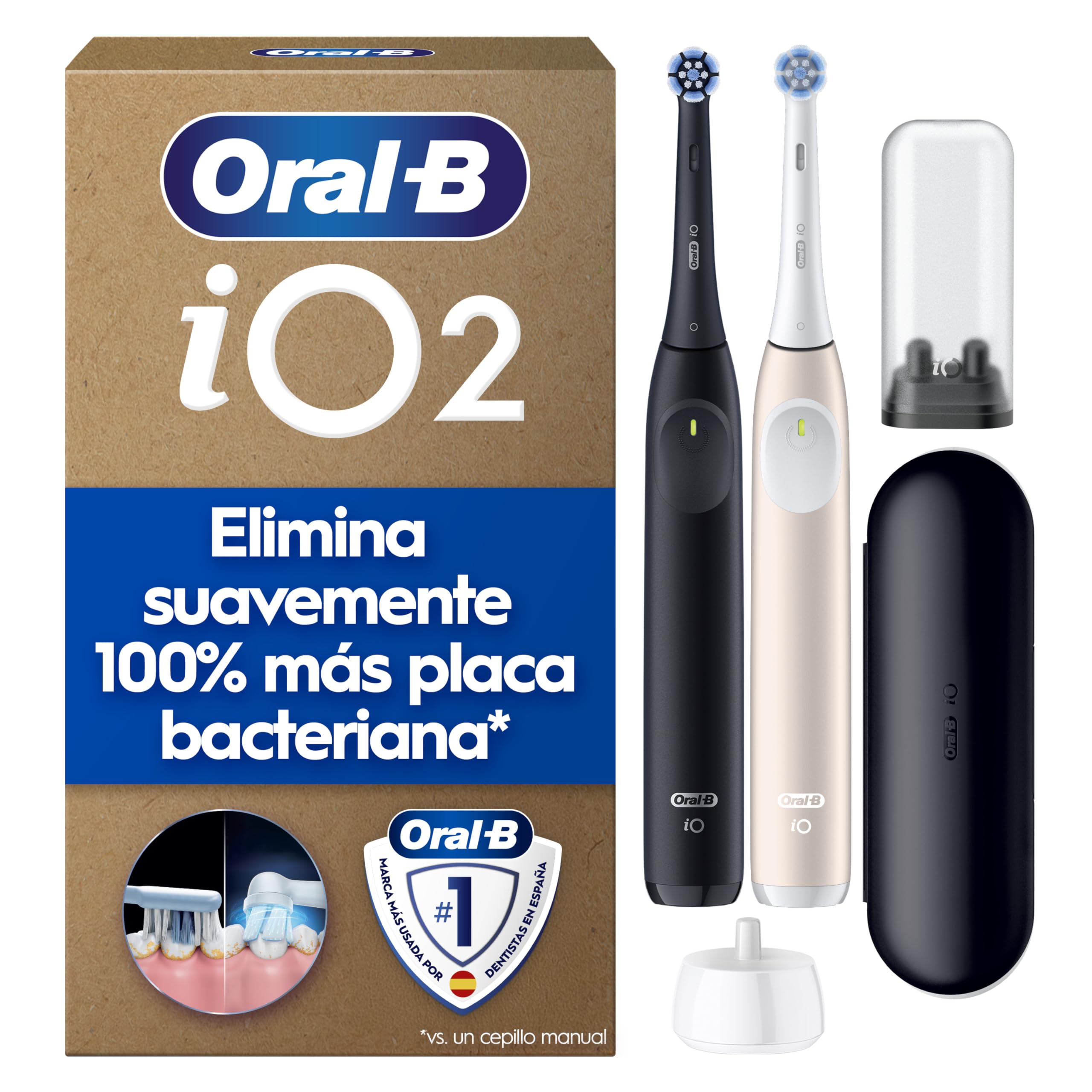Oral-B iO 2 Cepillos de Dientes Eléctricos, Negro Y Rosa, Pack de 2, 2 Cabezales - 1 Estuche de Viaje, 1 Portarrecambios, 3 Modos de Cepillado, Sensor de Presión y Temporizador
