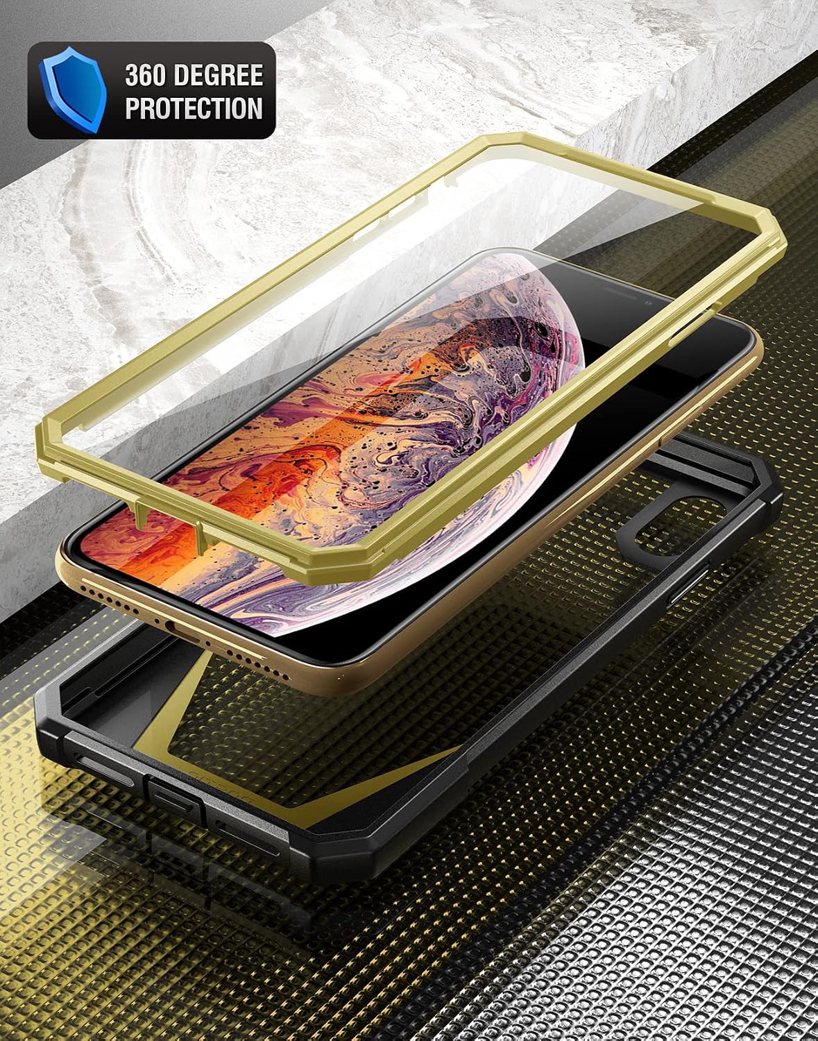 iPhone Xs Max Case, Poetic Guardian [Scratch Resistant Back] Full-Body Rugged Clear Hybrid Bumper Case with Built-in-Screen Protector for Apple iPhone Xs Max 6.5" OLED Display - Gold