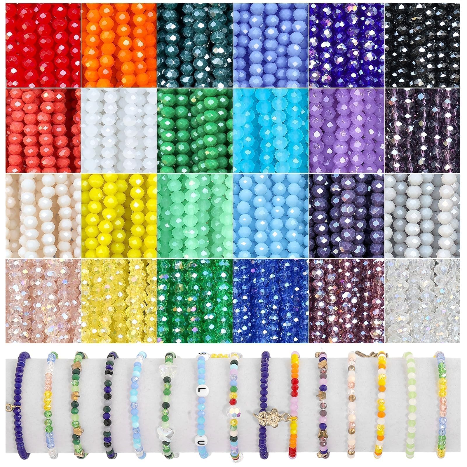 Xilitata 1800Pcs 4mm Glass Beads for Bracelets Jewelry Making, Faceted Bead Friendship Bracelet Kit, Rainbow Beads DIY Craft with Charms