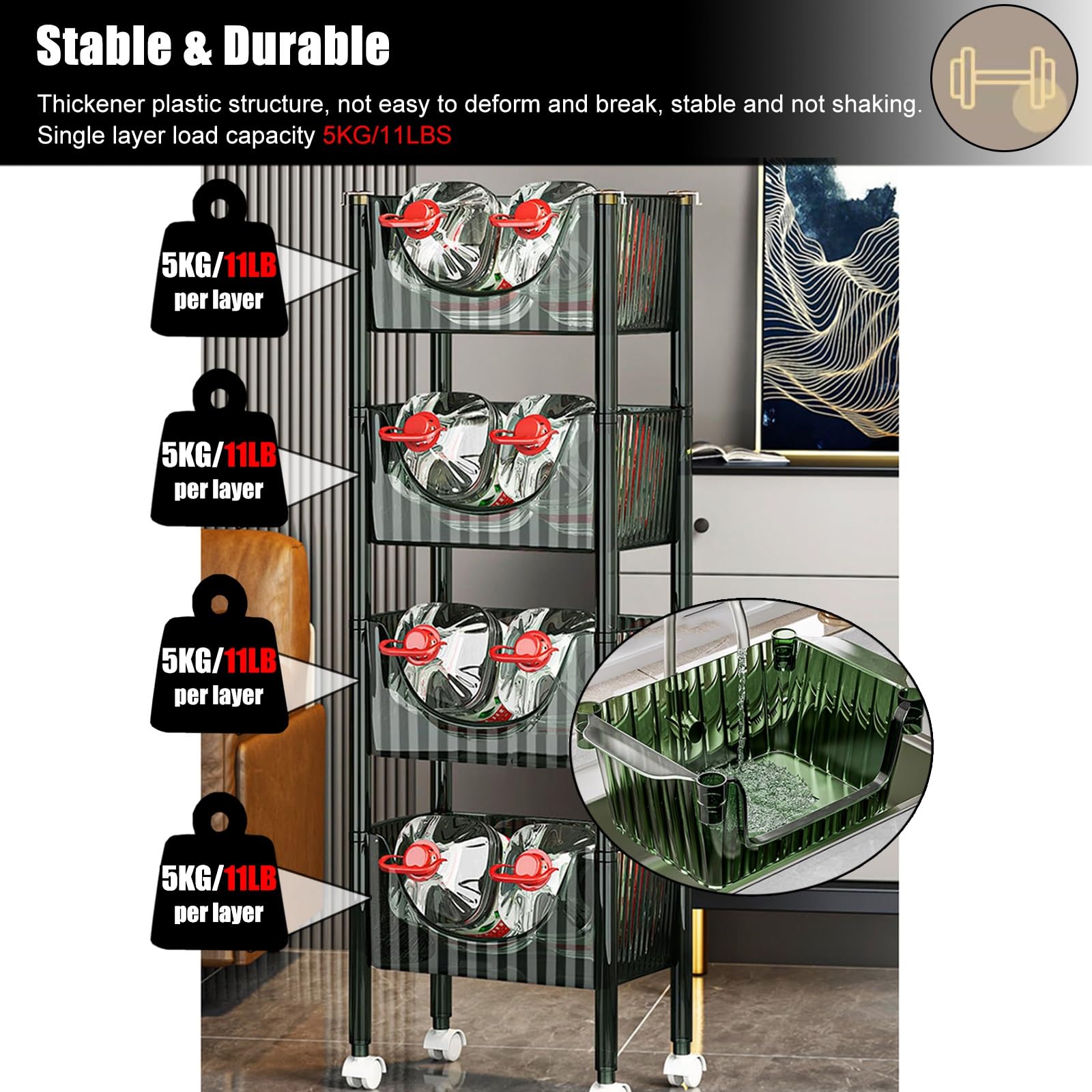 Scaffale per snack Scaffale mobile for frutta/verdura a 2 3 4 livelli, carrello for snack trasparente a U da pavimento for dispensa cucina camera da letto, carrello della spesa girevole con ruote e ga