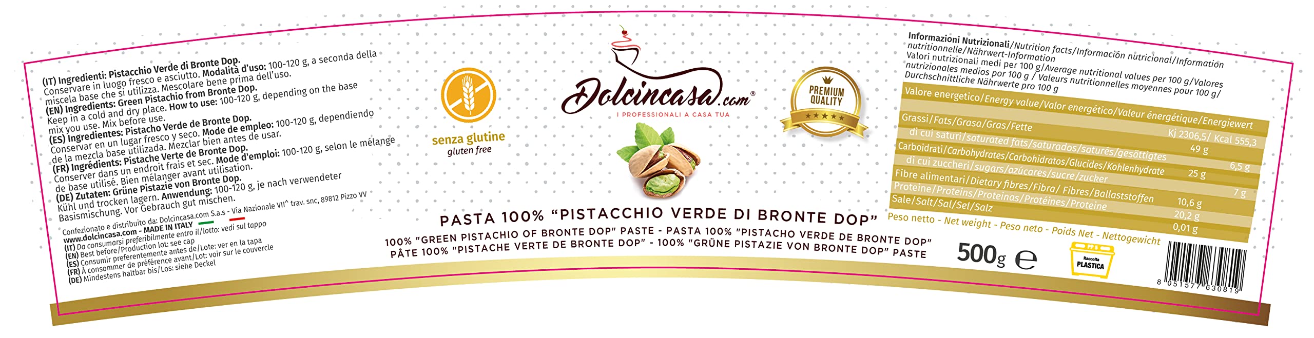 Dolcincasa Pasta Pura di Pistacchio Verde di Bronte DOP 100% - Senza Coloranti e Aromi Aggiunti - Per Gelato Artigianale, Creme, Dessert e Pasticceria Professionale - 500 g