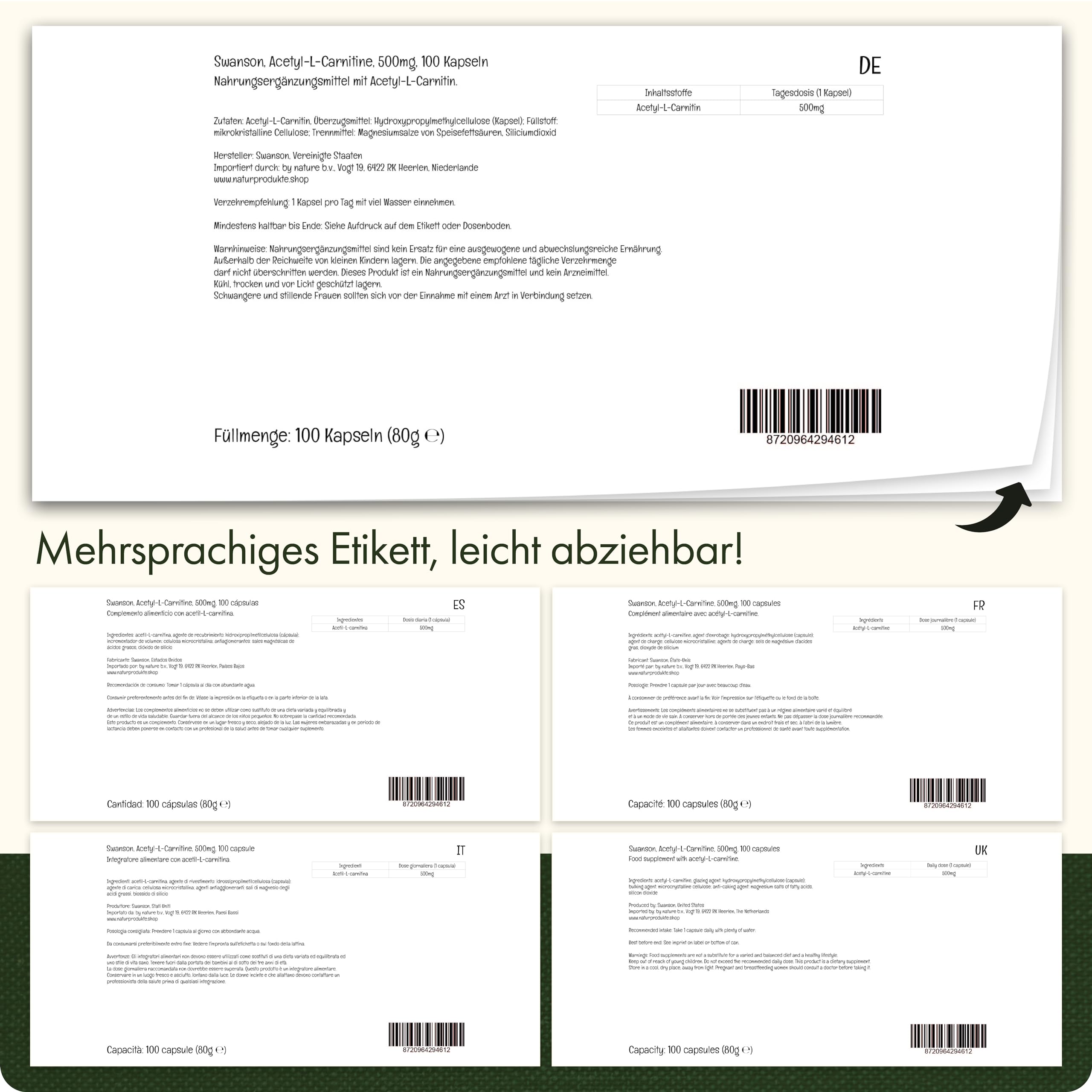 Swanson, Acetyl-L-Carnitine, 100 vegetarische Kapseln, 500mg Acetyl-L-Carnitin je Dosis, Glutenfrei, Sojafrei, GMO frei, Geschmacksneutral
