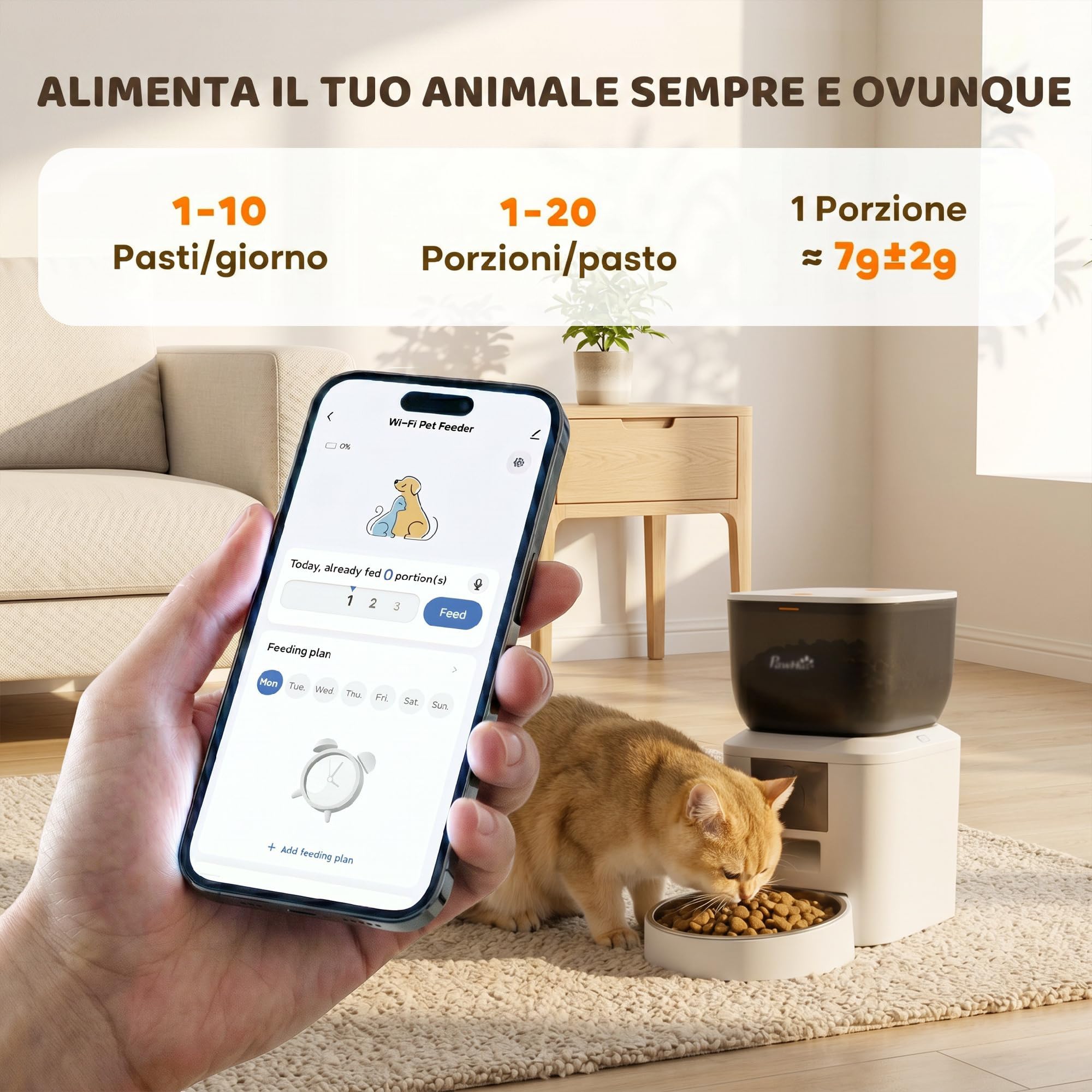 PawHut Distributore Automatico Cibo Gatti 4L WiFi 2.4G Erogatore Bianco | Dispenser Crocchette Gatto, App Controllo con Registratore 10s, 1-10 Pasti al Giorno, Ciotola in Acciaio Inox