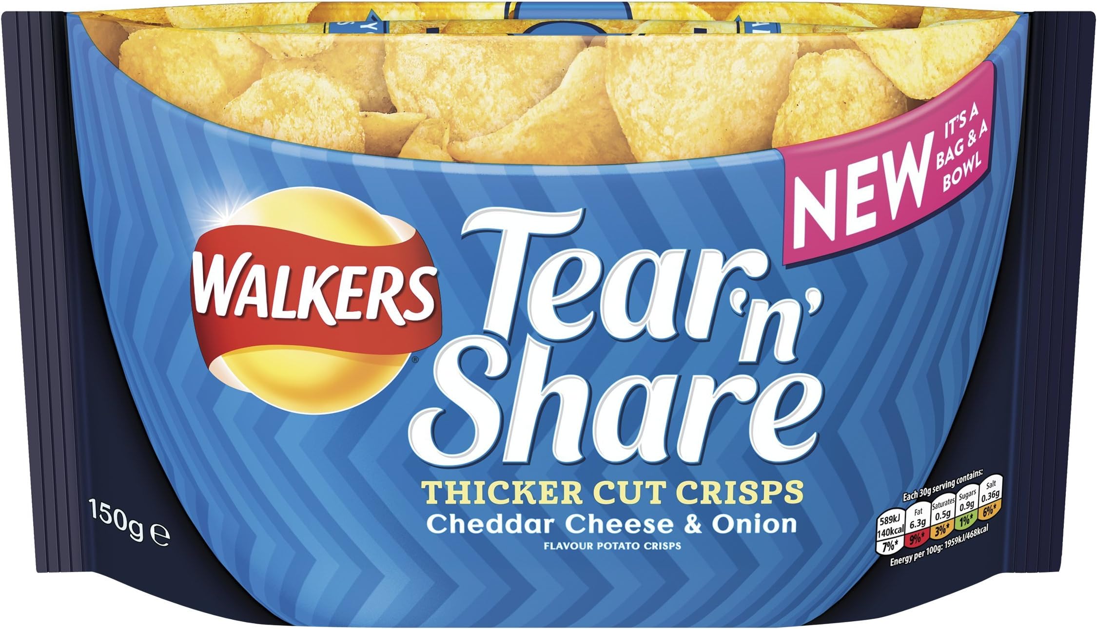 Walkers Tear and Share Cheddar Cheese and Onion Thicker Cut Crisps, 150 g