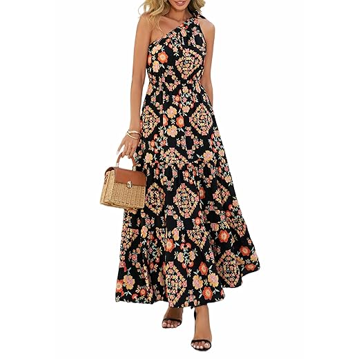 PRETTYGARDEN Women's Summer Floral One Shoulder Maxi Dress Knot Ruffle Boho Beach Vacation Wedding Guest Long Dresses