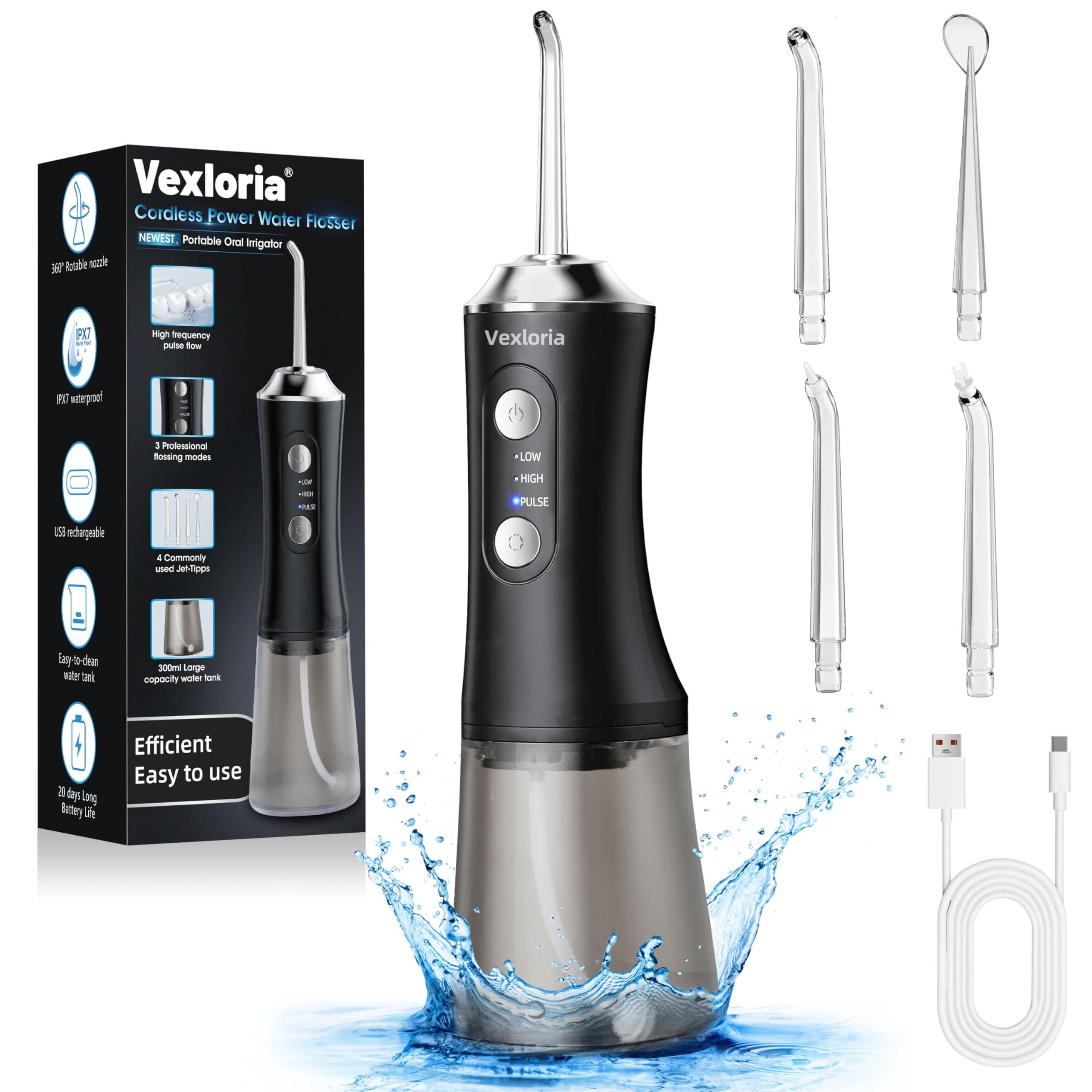Irrigador Bucal Portatil Water Flosser, 300ML Irrigador Dental Profesional 4 Boquillas 3 Modos, Inalámbrico de Riego para Limpieza Dental IPX7 Impermeable, negro claro
