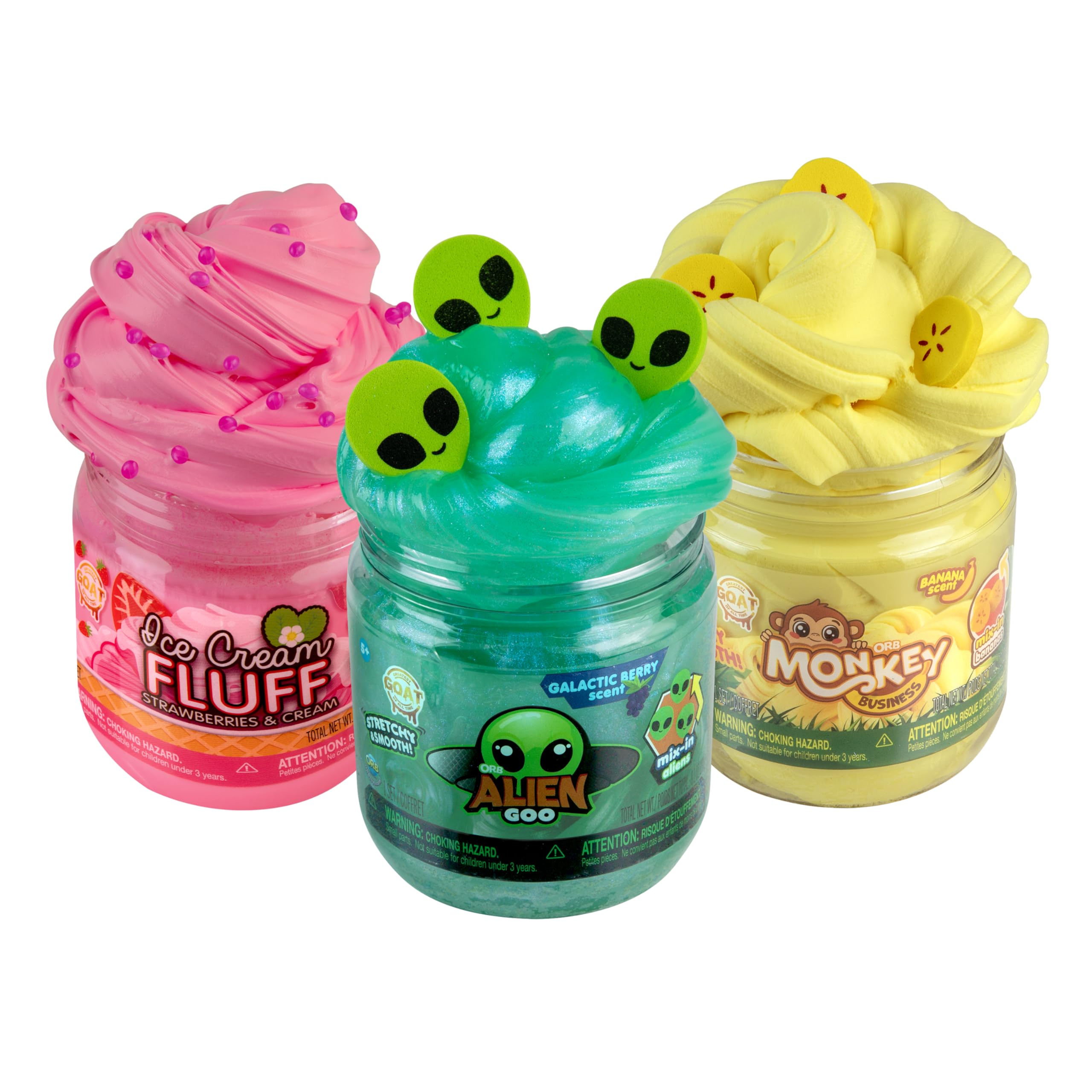 ORB Goat Slimi 3 Pack V3 - Fun, Scented, Fluffy Sensory Slime with Mix-ins - Includes Alien Goo, Monkey Business, and Strawberry Ice Cream - Perfect for Play, Stress Relief or Gifts for Kids & Adults