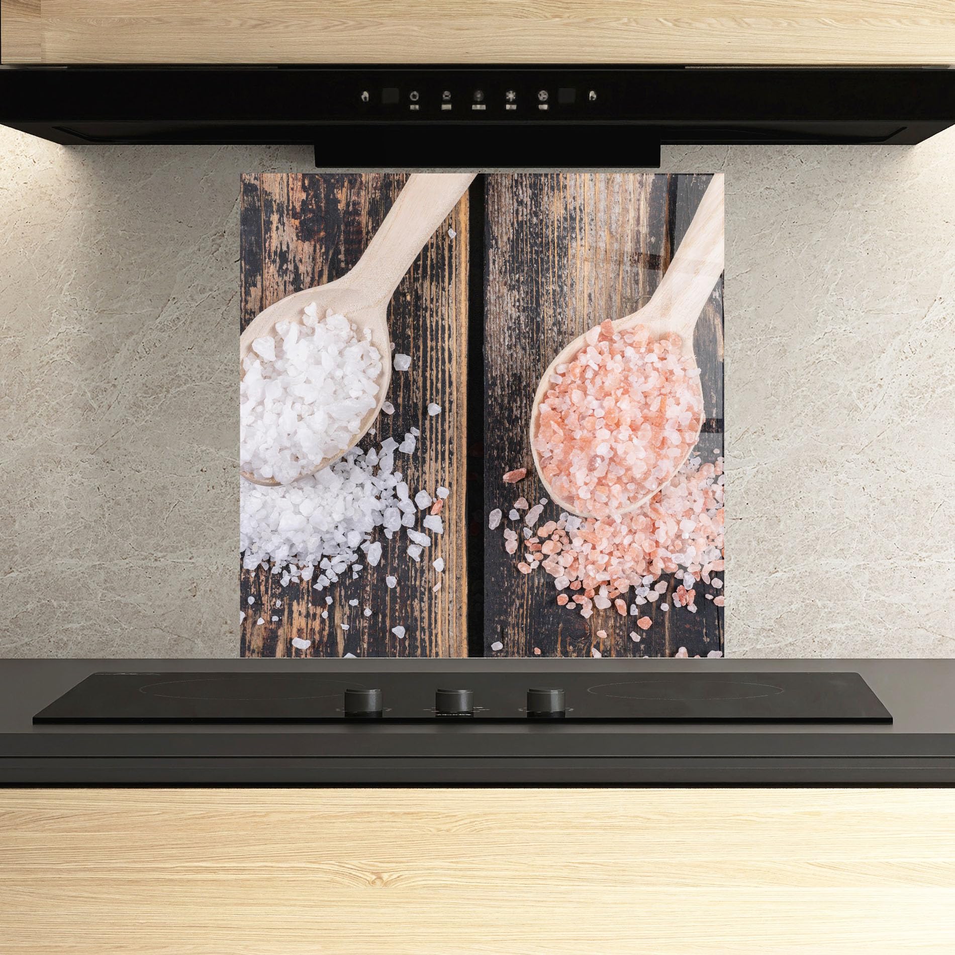 ARTHUB® Panel de Vidrio para Cocina 100x100 cm, 4mm Vidrio Templado | Protección contra Salpicaduras, Protección contra Salpicaduras para Cocina, Alimentos, Wooden Spoons Sea Salt