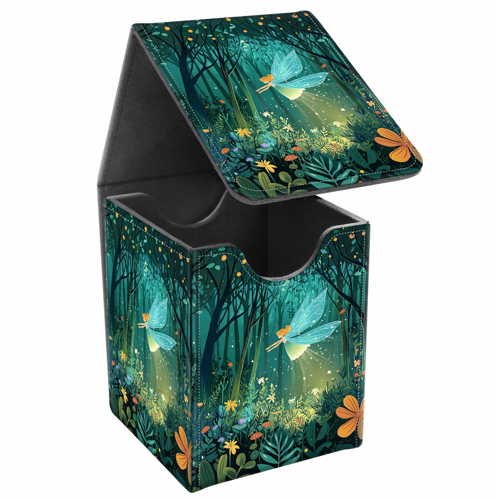 JANENFNA Card Deck Box, Card Storage Box Fits 100+ Single Sleeved Cards, Large Capacity PU Leather Card Storage Box with Strong Magnet for Magic Commander TCG/CCG, Forest Fairy